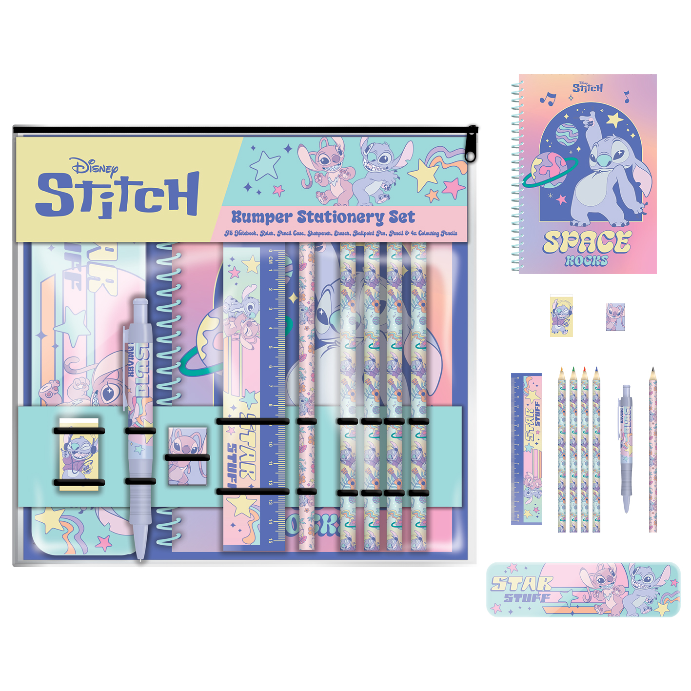 Ein Stitch-Schreibwarenset. Enthält Notizbuch, Stifte, Stift, Lineal, Federmäppchen und Radiergummi. Die Farbpalette ist pastellfarben.
