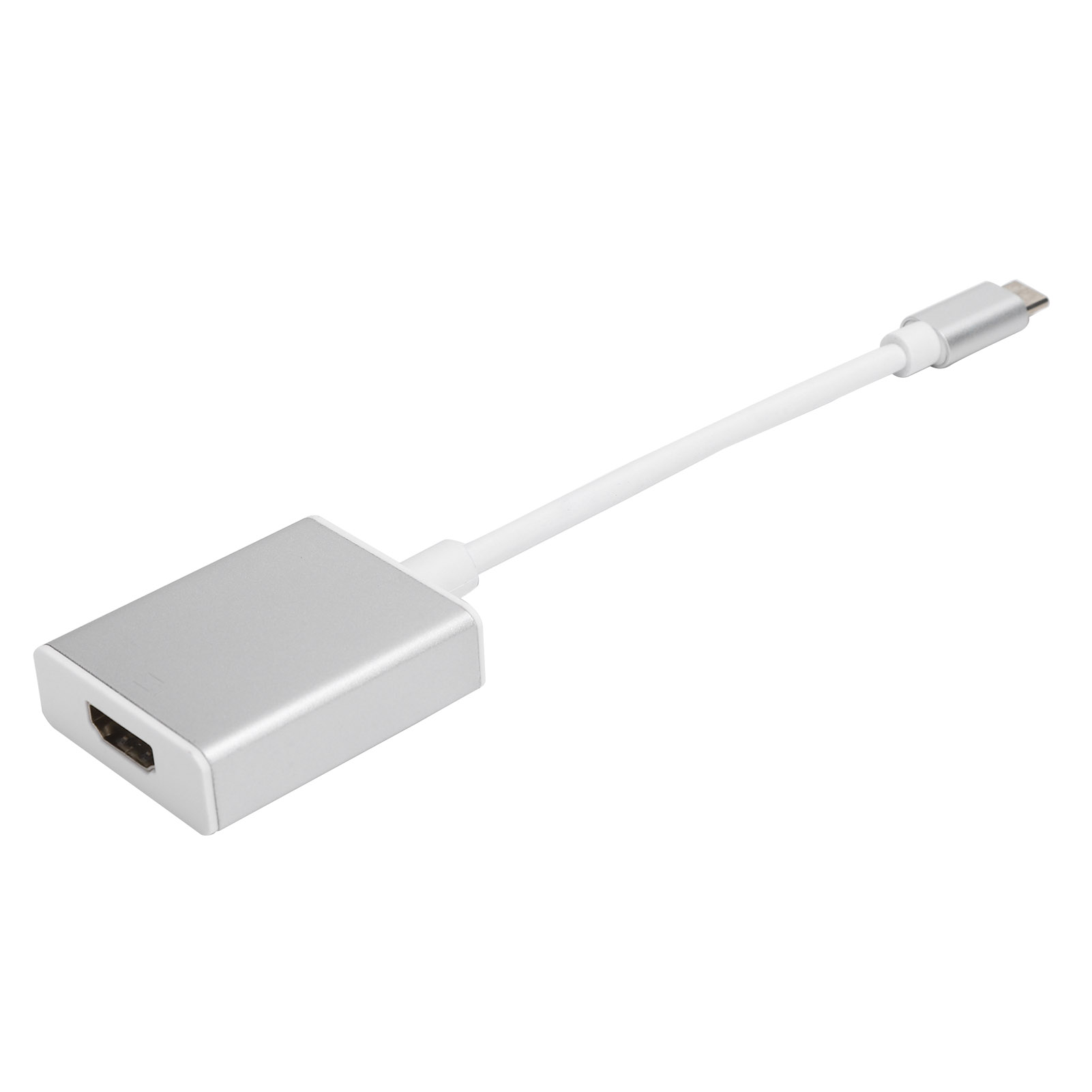 Ein silberner HDMI-Adapter mit weißem Kabel und USB-C-Anschluss auf weißem Hintergrund.