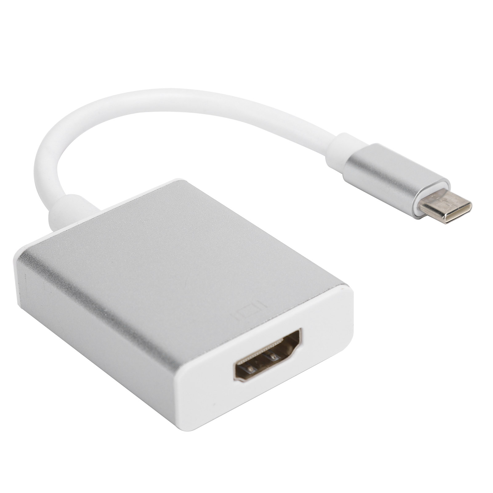 Silberner HDMI-zu-USB-C-Adapter mit weißem Kabel. Der Adapter hat einen HDMI-Anschluss und einen USB-C-Anschluss.