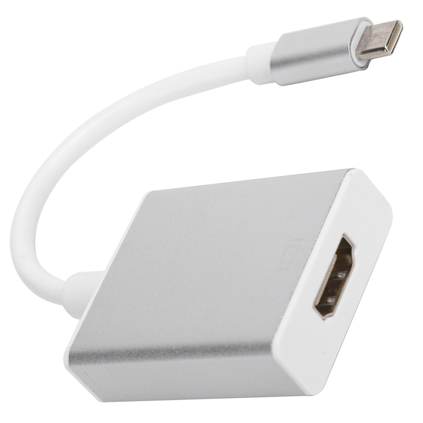 Ein HDMI-Adapter mit silbernem Gehäuse und weißem Kabel, mit einem USB-C-Anschluss.