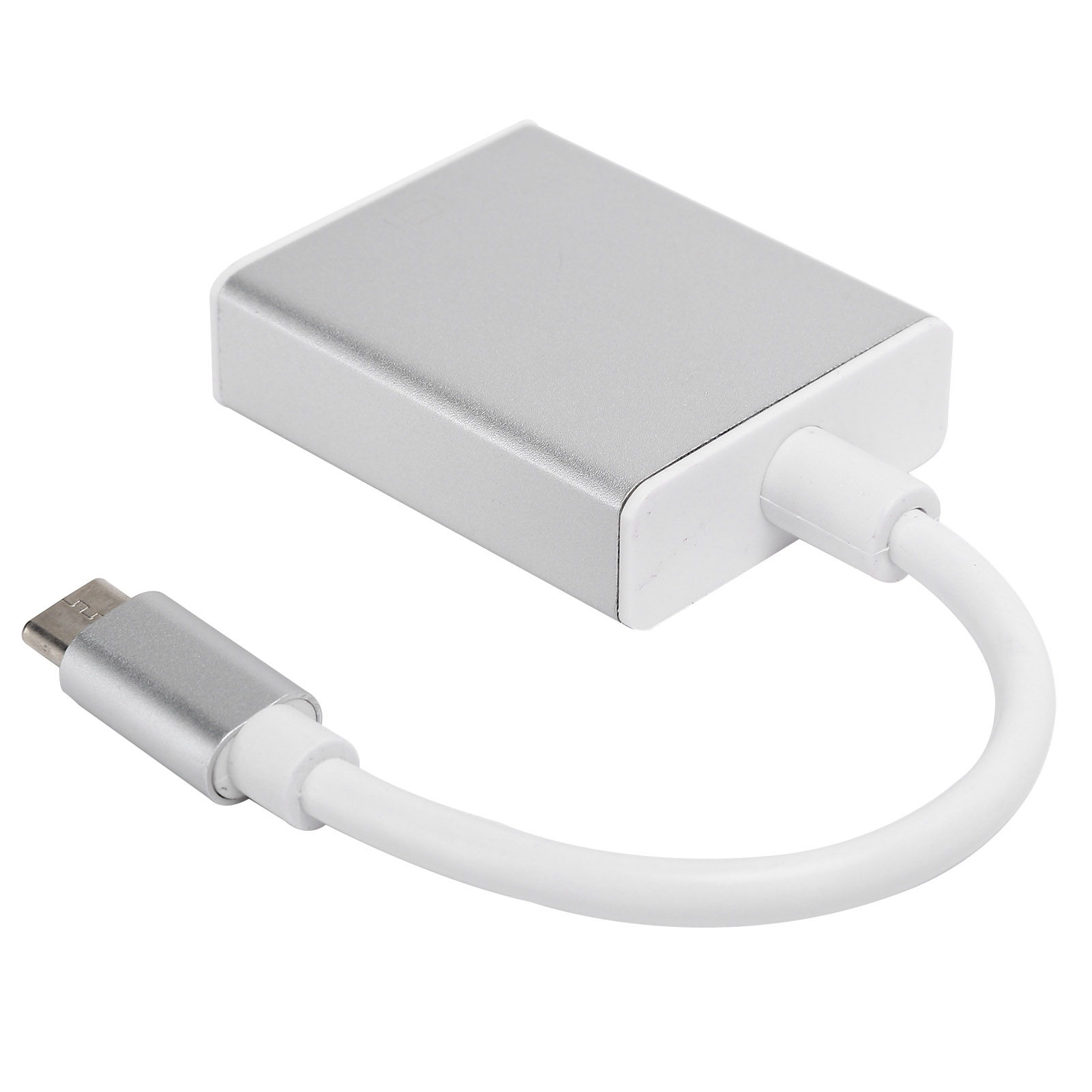 Ein silberner und weißer Adapter mit USB-C-Anschluss und Kabel. Der Adapter ist rechteckig. Isoliert auf Weiß.