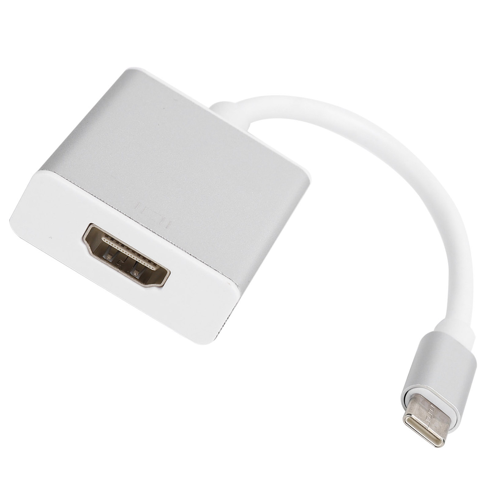 Silberner und weißer HDMI-zu-USB-C-Adapter auf weißem Hintergrund. Der Adapter hat einen HDMI-Anschluss und einen USB-C-Anschluss.