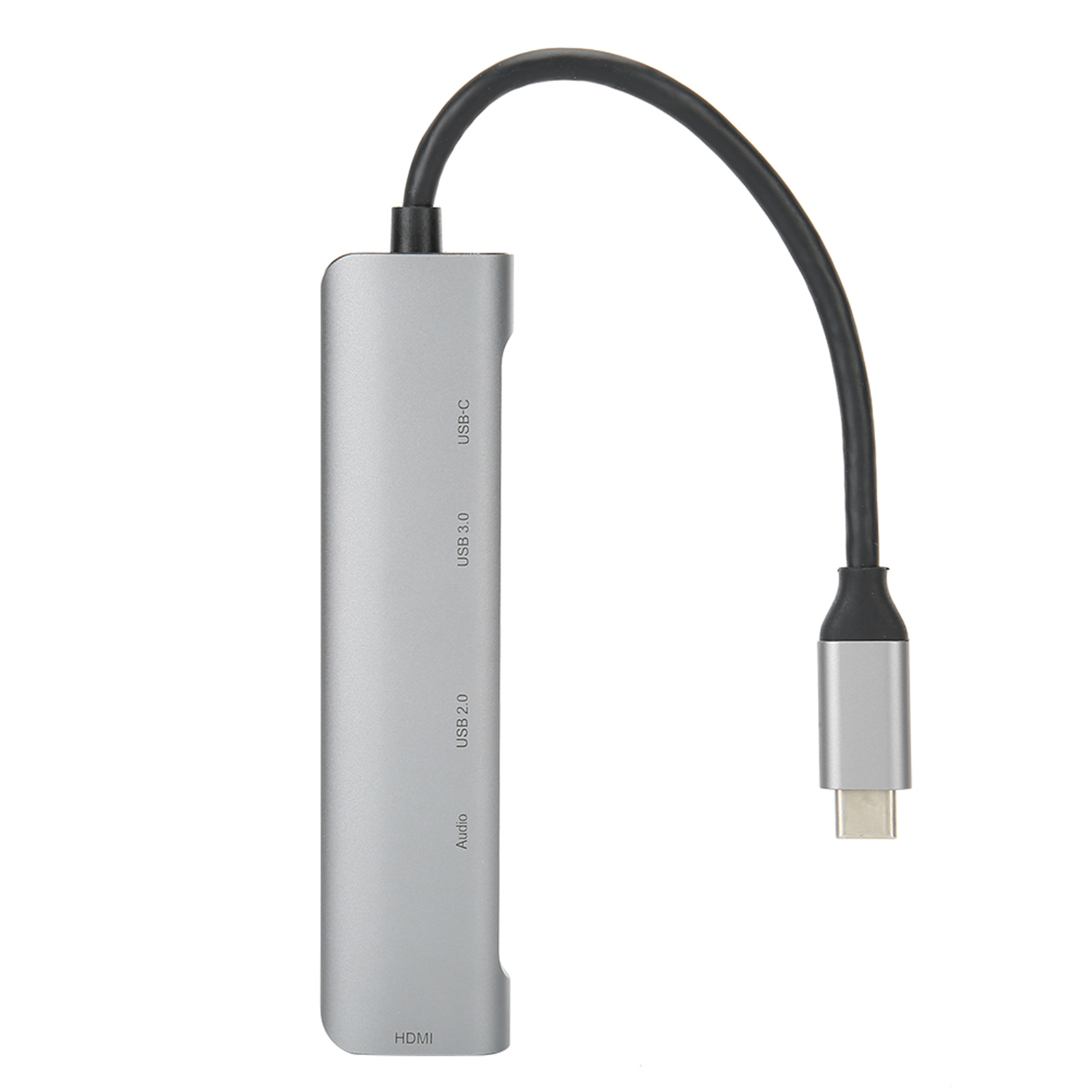 Ein silberner USB-C-Hub mit schwarzem Kabel. Etiketten umfassen USB 3.0, USB 2.0, Audio, HDMI und USB-C. Weißer Hintergrund.
