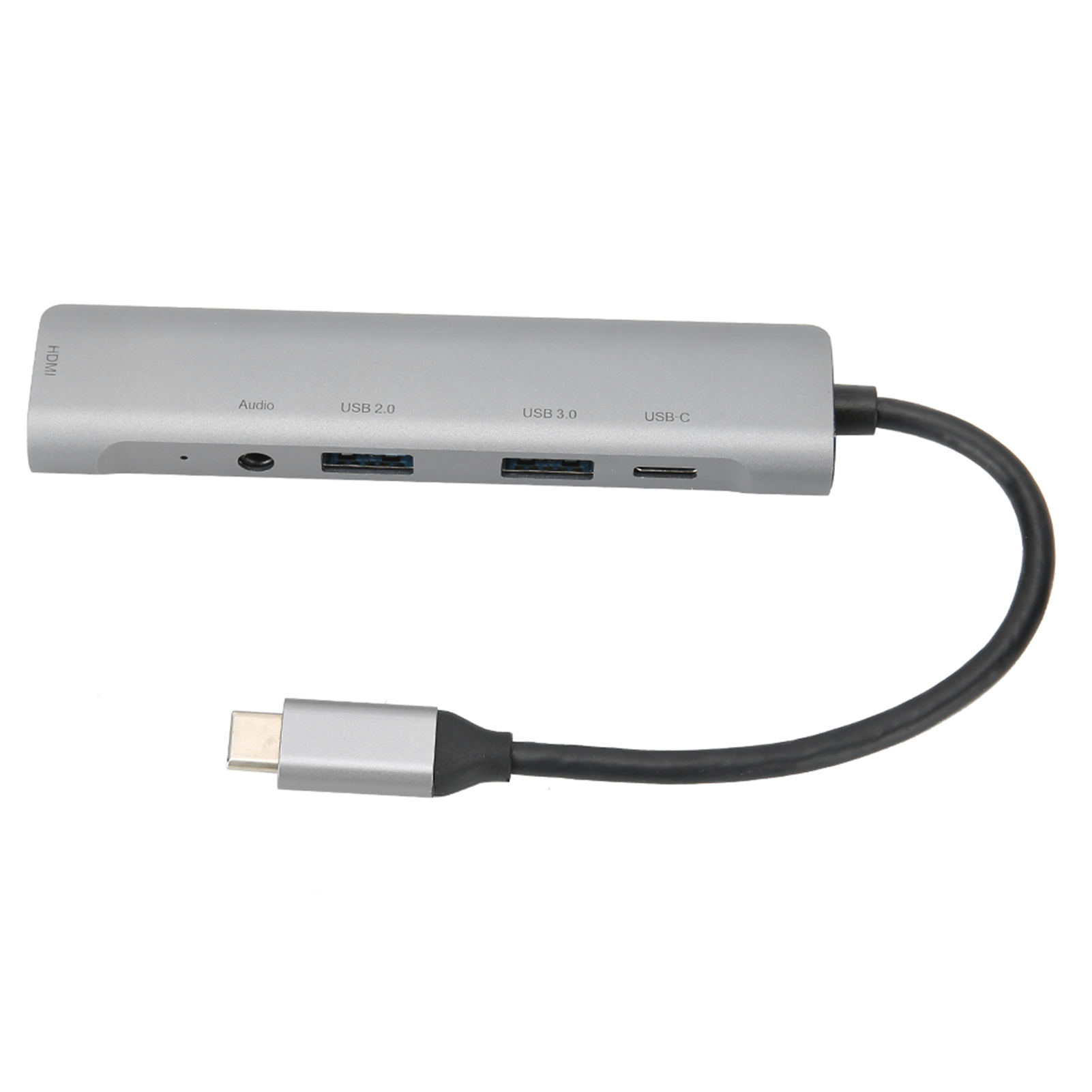 Ein silberner USB-C-Hub mit HDMI-, Audio-, USB 2.0-, USB 3.0- und USB-C-Anschlüssen. Er hat ein schwarzes Kabel und einen USB-C-Anschluss.