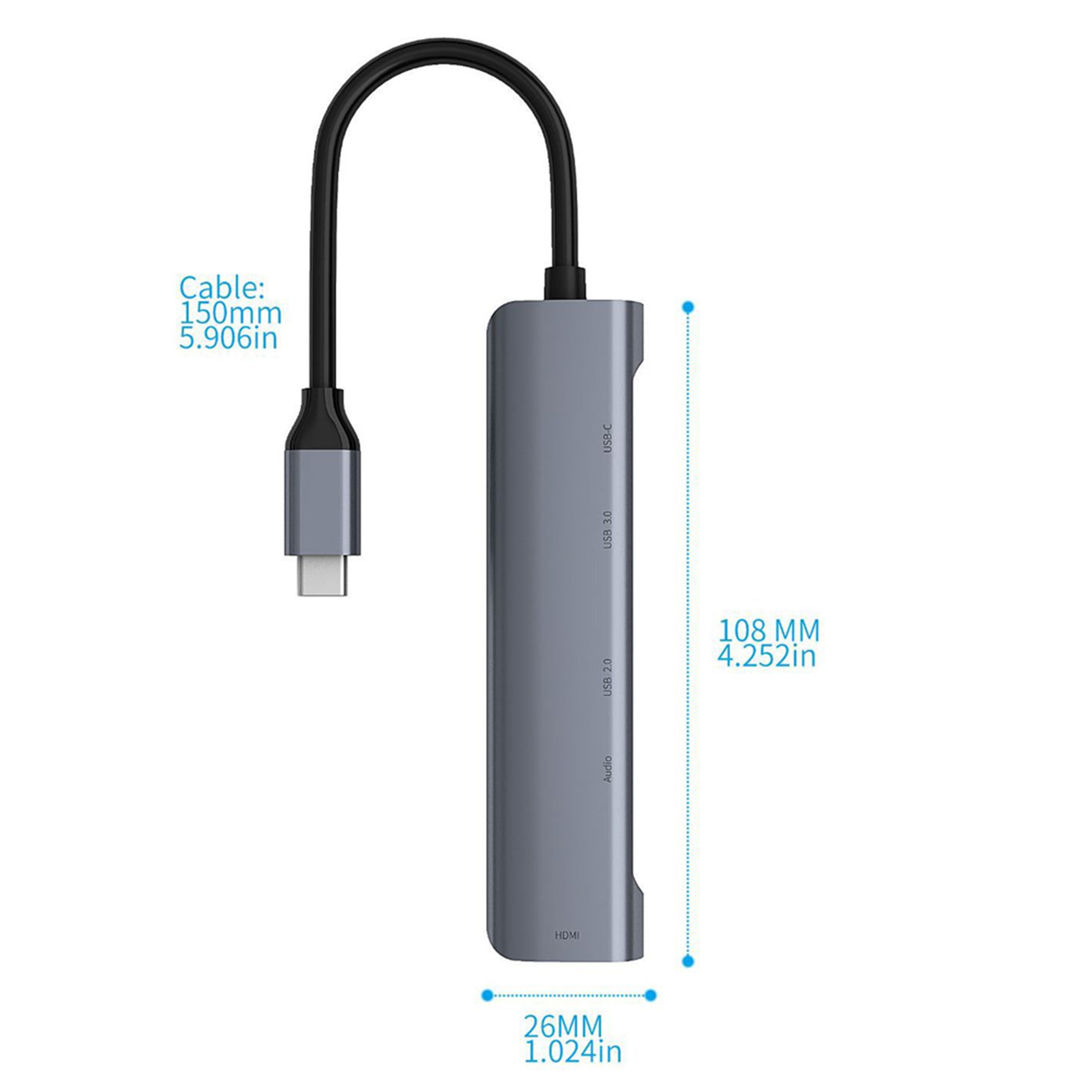 Ein grauer USB-C-Hub mit schwarzem Kabel. Er hat Anschlüsse für USB 3.0, USB 2.0, Audio und HDMI. Abmessungen werden angezeigt.