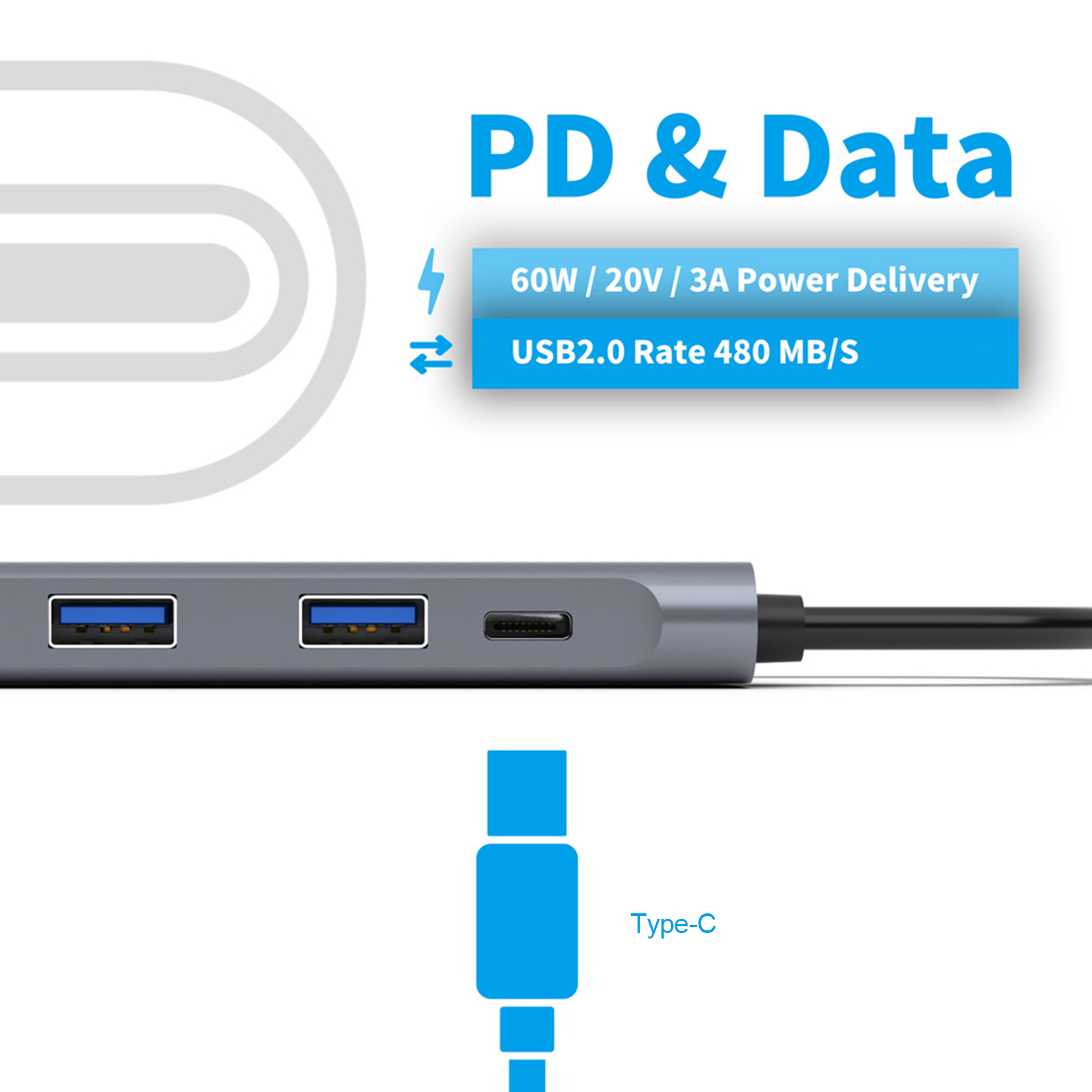 Das Bild zeigt einen grauen USB-Hub mit blauen Anschlüssen, den Text 'PD & Data' und einen blauen Typ-C-Anschluss.