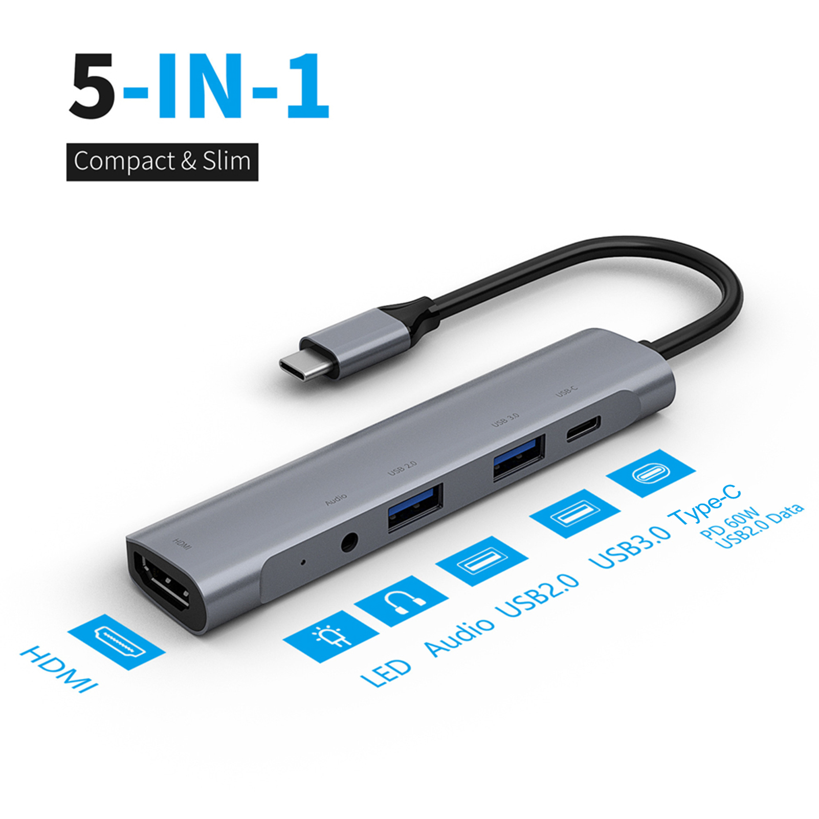 Ein silberner 5-in-1-USB-Hub mit schwarzem Kabel. Er hat verschiedene Anschlüsse mit der Aufschrift HDMI, USB und Audio.