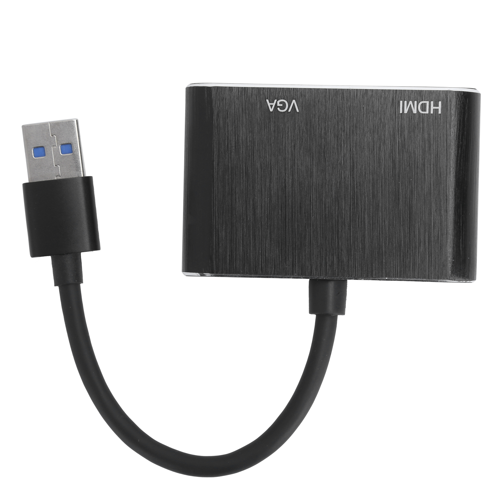 Schwarzer USB-C-auf-HDMI- und VGA-Adapter. USB-Ende ist silberfarben mit blauem Einsatz. Schwarze HDMI- und VGA-Anschlüsse.