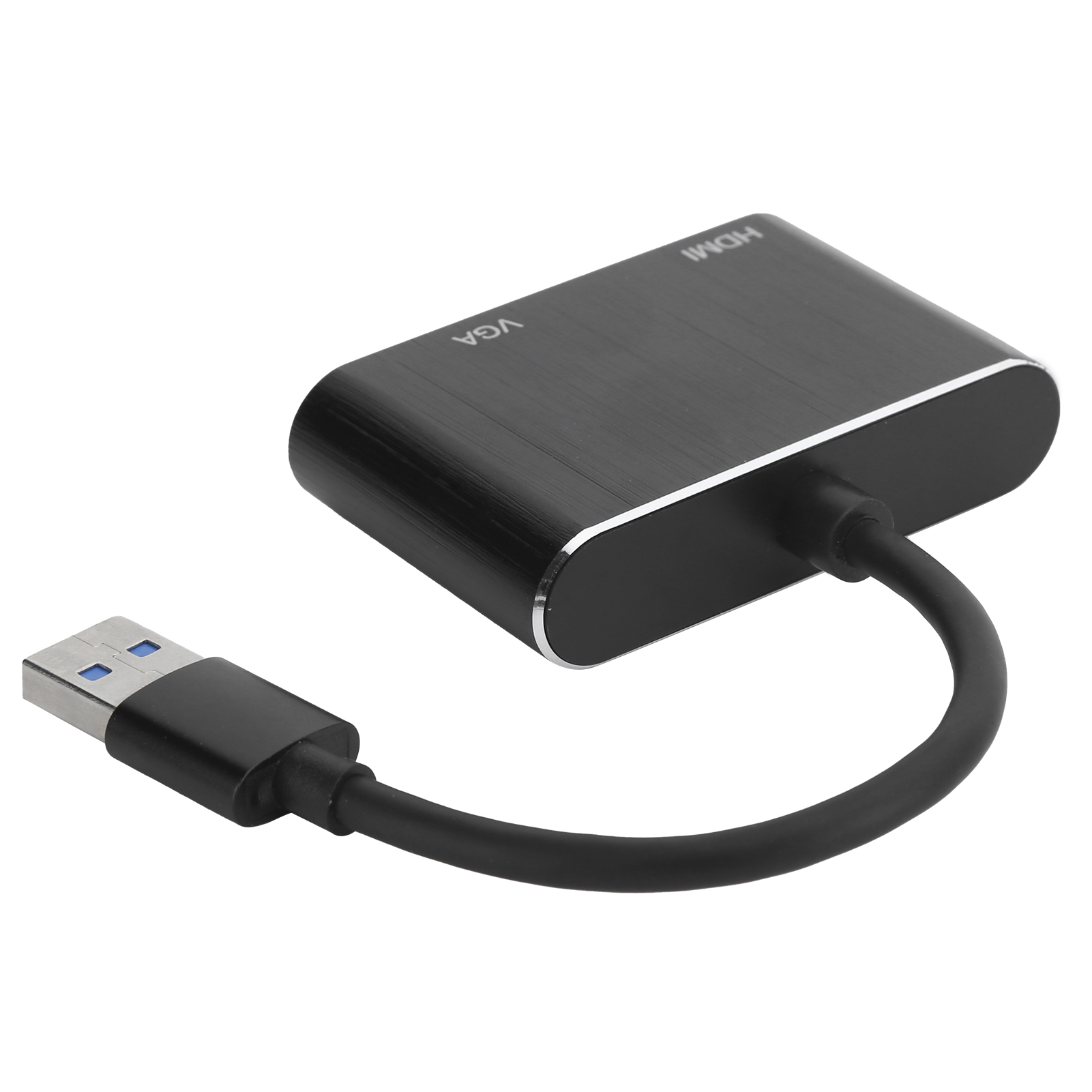 Ein schwarzer HDMI-zu-VGA-Adapter mit USB-Anschluss. Der Adapter befindet sich auf weißem Hintergrund.