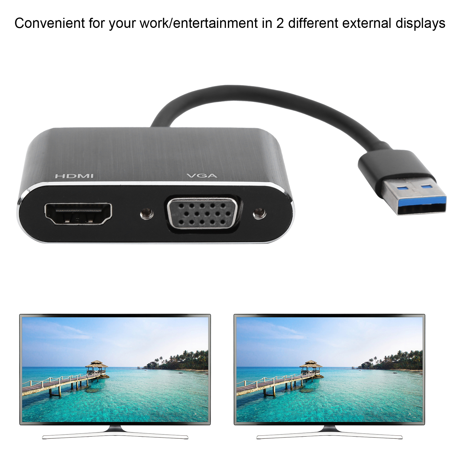 Schwarzer Adapter mit HDMI- und VGA-Anschlüssen. Zwei Bildschirme zeigen einen Steg über türkisfarbenem Wasser.