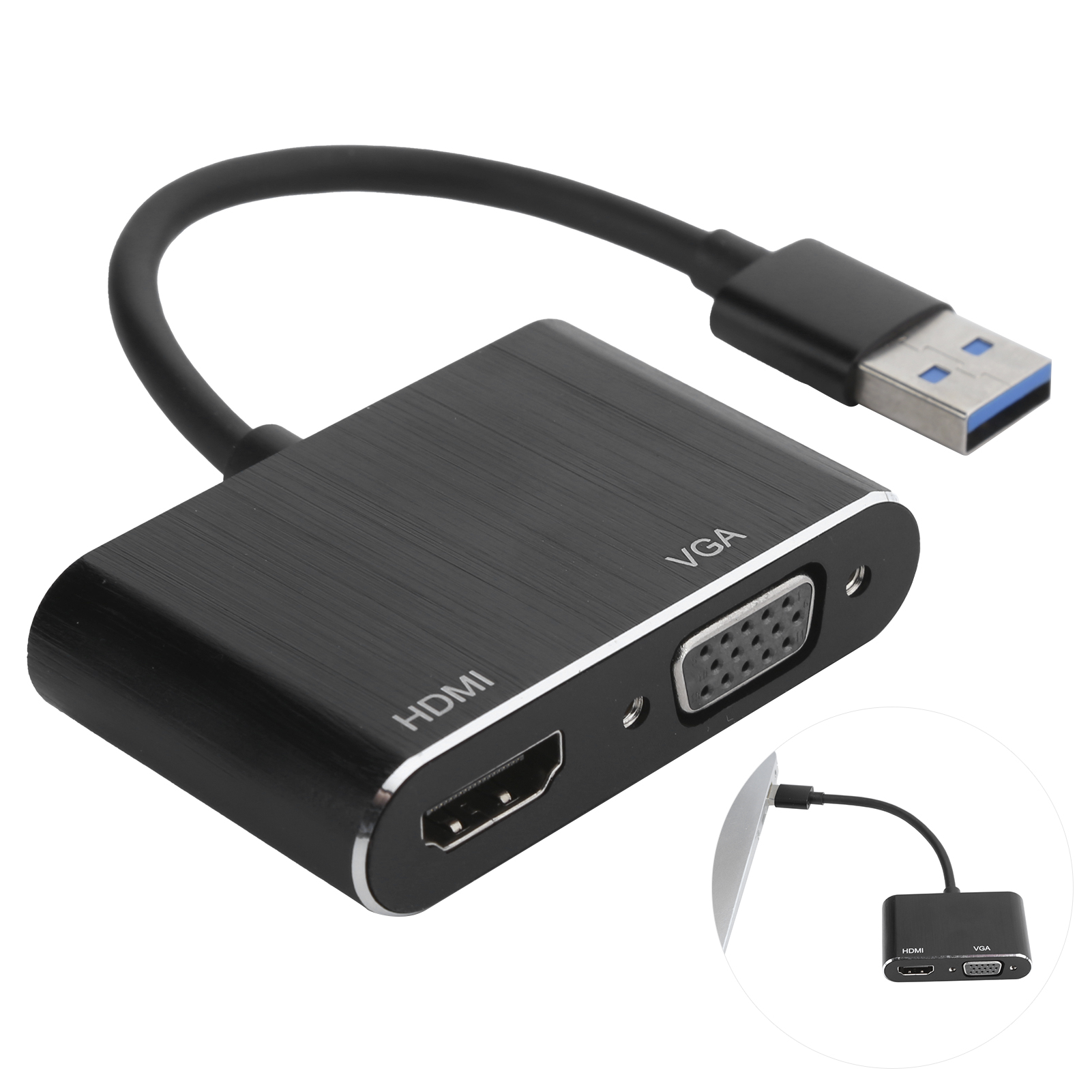 Schwarzer HDMI-zu-VGA-Adapter mit USB-Kabel. Nahaufnahme zeigt HDMI-, VGA-Anschlüsse und einen USB-Anschluss.