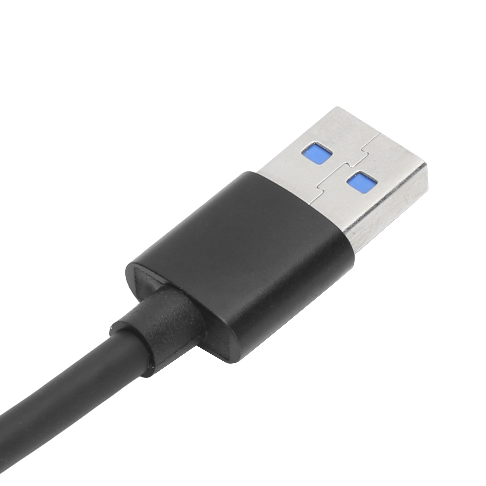 Ein USB-Kabel mit schwarzem Stecker und silbernem USB-Ende. Das USB-Ende hat zwei blaue Quadrate.