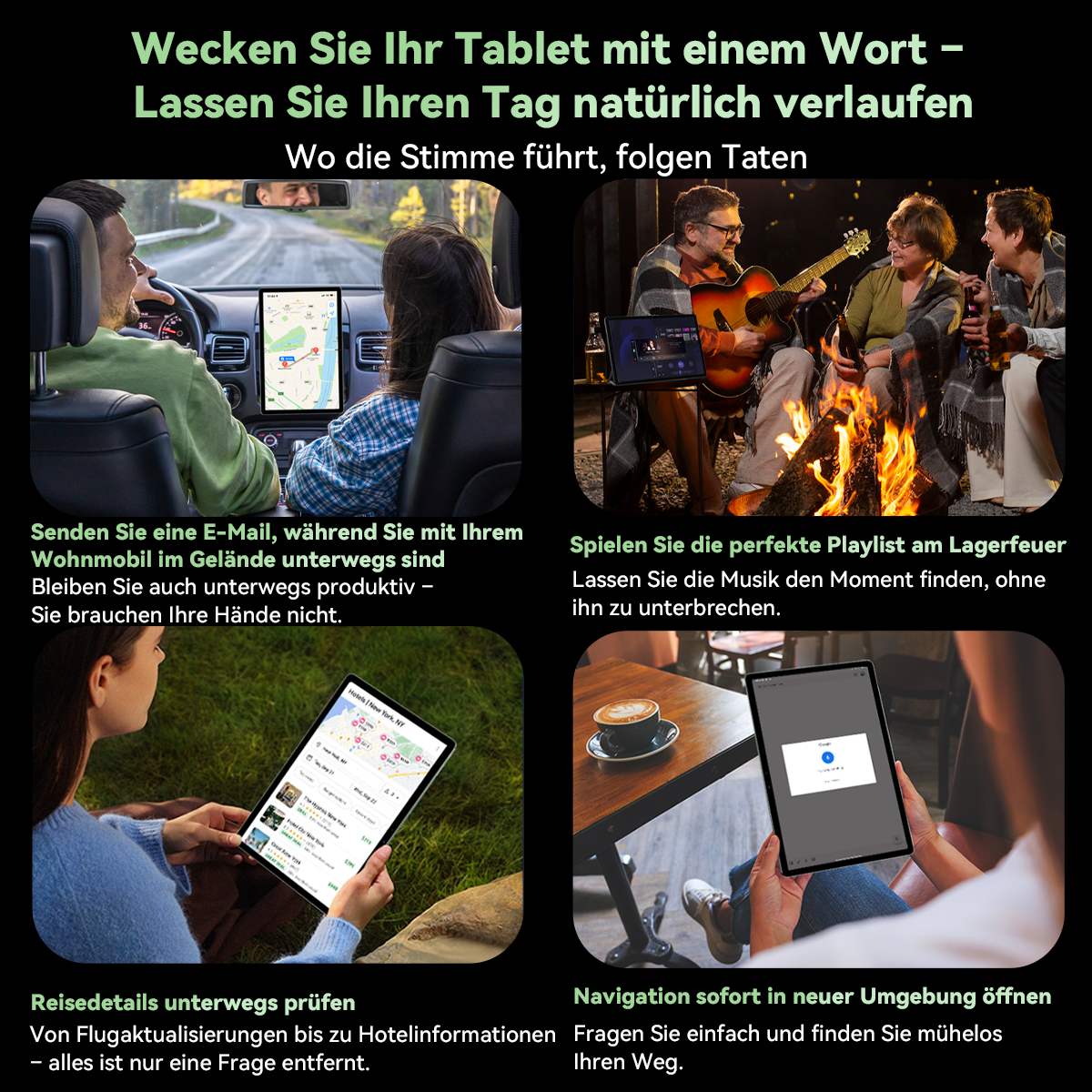Ein Werbebild, das zeigt, wie Menschen ein Tablet in verschiedenen Szenarien nutzen: Autofahren, Camping, Überprüfung von Reisedetails und Navigation.