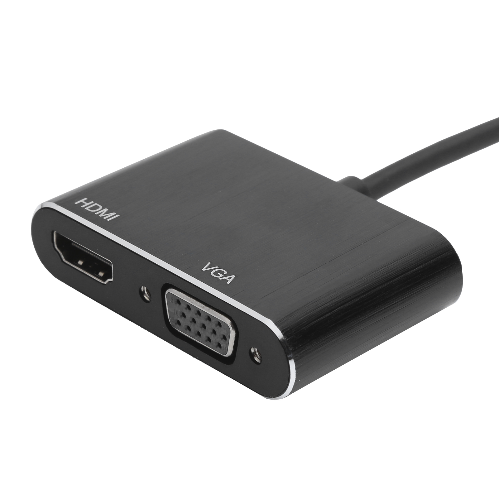 Schwarzer HDMI-zu-VGA-Adapter. Er hat zwei Anschlüsse, HDMI und VGA, mit einem schwarzen Kabel. Der Hintergrund ist weiß.