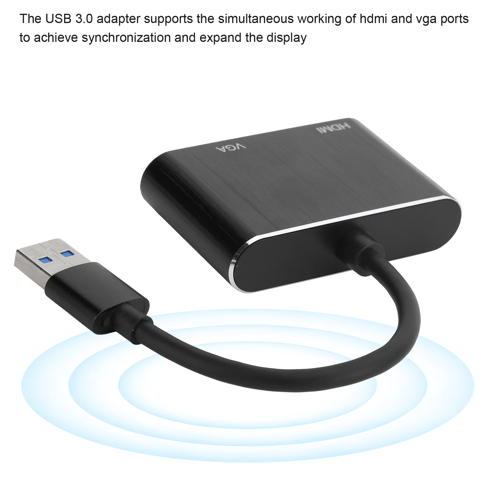 Ein schwarzer USB-C-Adapter mit HDMI- und VGA-Anschlüssen. Ein USB-Kabel ist angeschlossen. Der Hintergrund hat blaue Kreise.