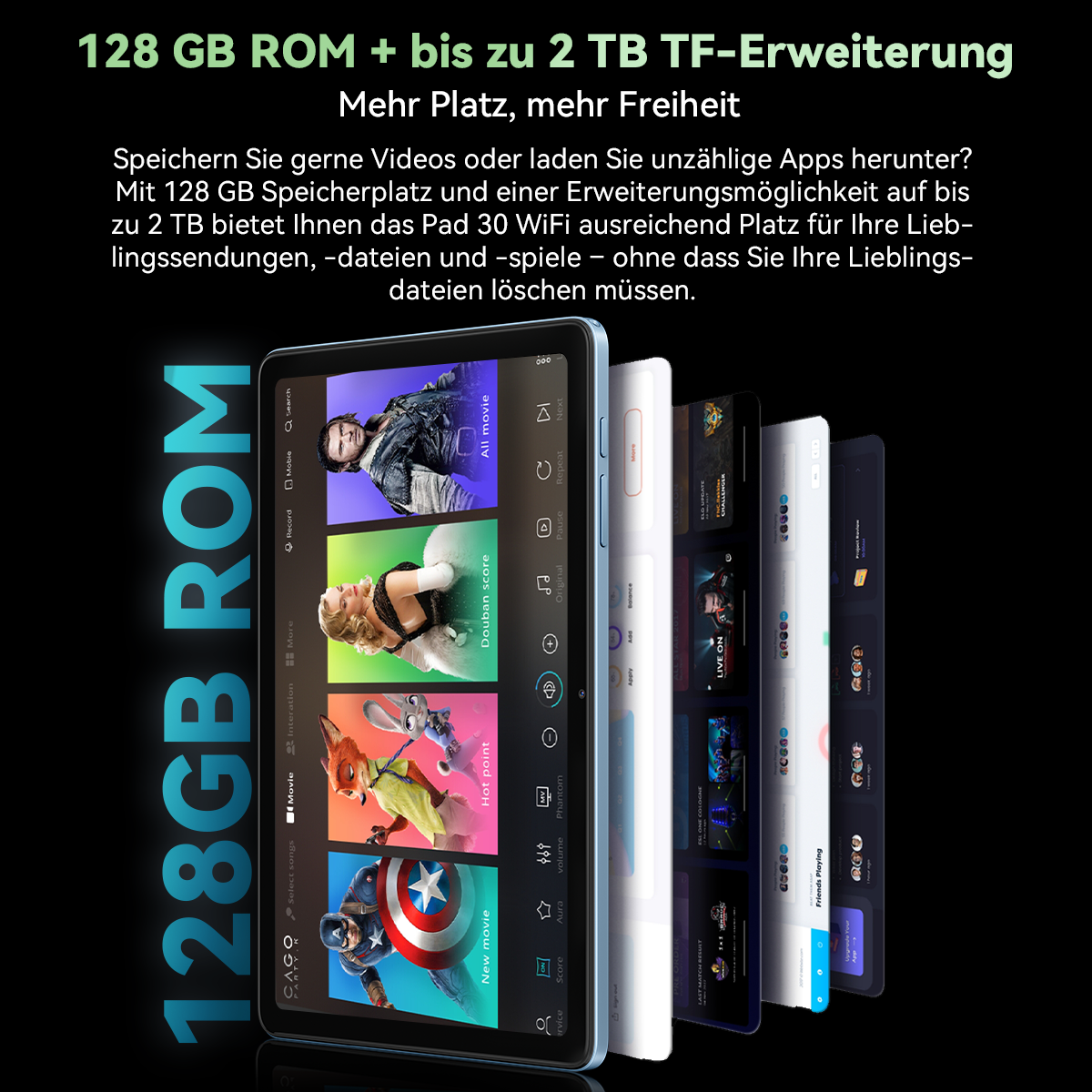 Ein Tablet mit einem Bildschirm, der verschiedene Apps anzeigt, gestapelt mit anderen Bildschirmen. Text oben: "128GB ROM" und "Mehr Platz, mehr Freiheit".