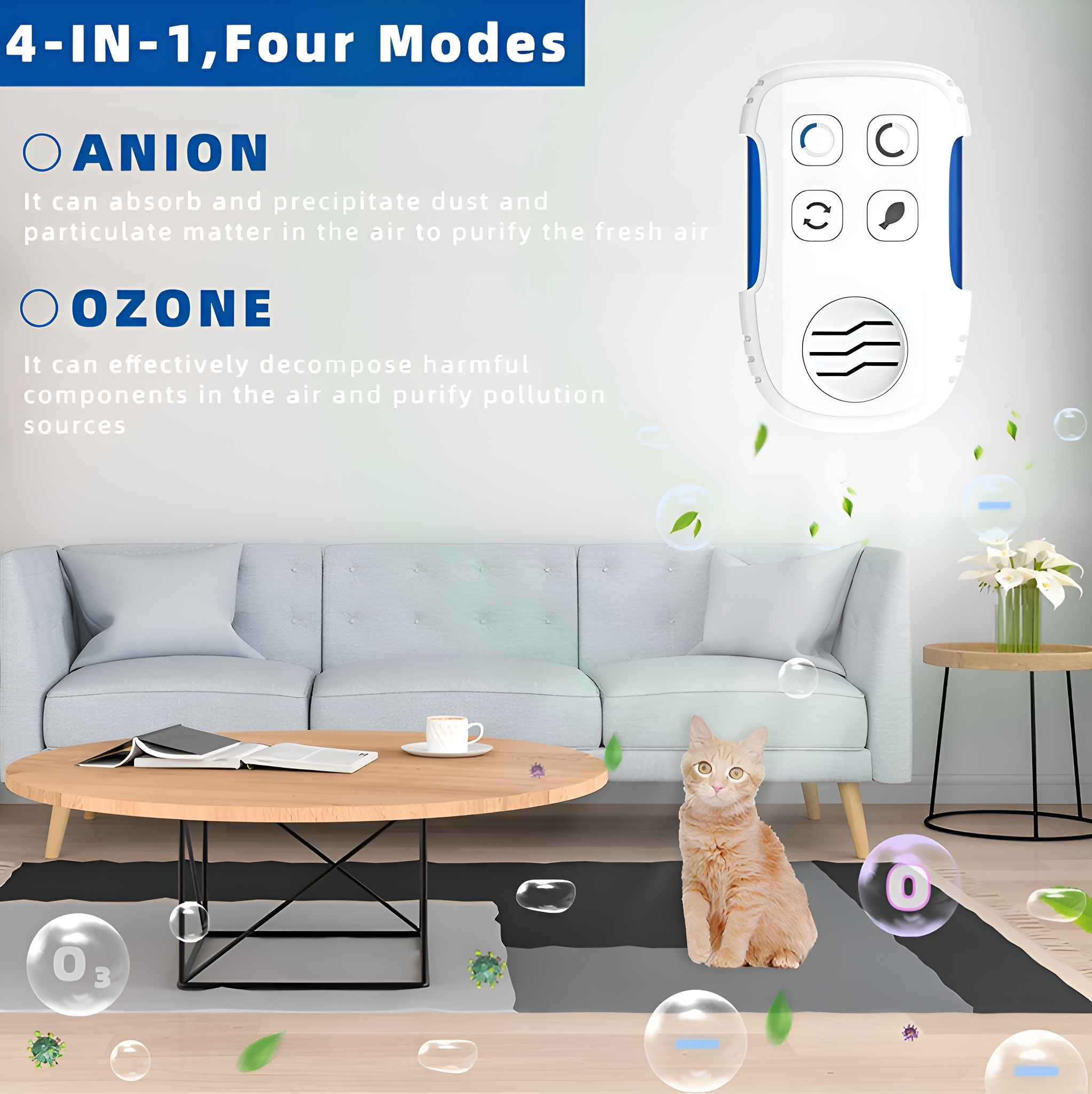 Ein Luftreiniger mit einer Katze auf einem Teppich vor einem Sofa. Text zeigt 'Anion' und 'Ozon'. Blasen mit Symbolen sind vorhanden.