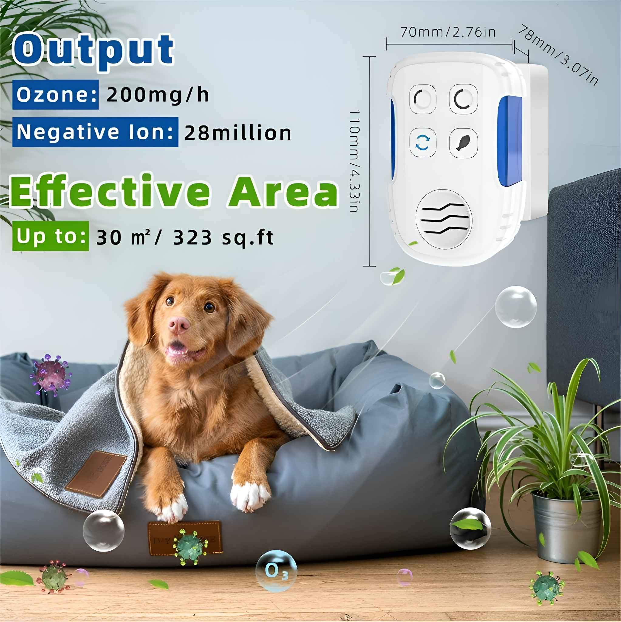 Hund im Bett, Luftreiniger, Blasen und Pflanze. Informationstafeln. Ozon- und negative Ionen Details. Effektive Fläche 30 m².