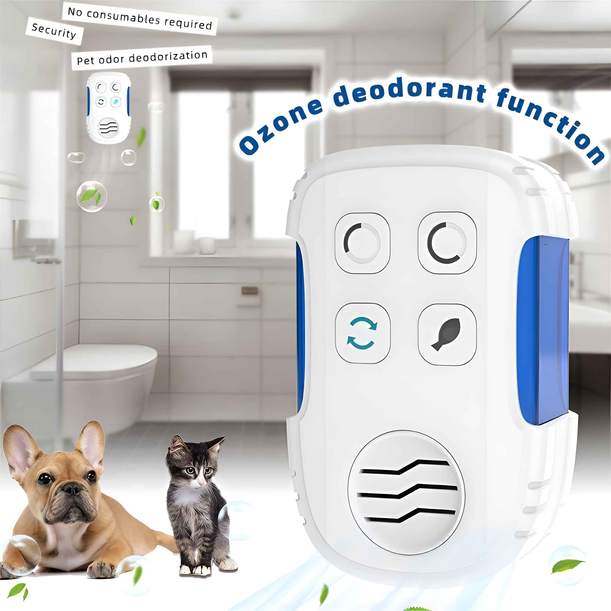 Ein Luftreiniger mit Hund und Katze in einem Badezimmer. Der Reiniger hat Knöpfe, und der Text lautet "Ozon-Deodorant-Funktion".