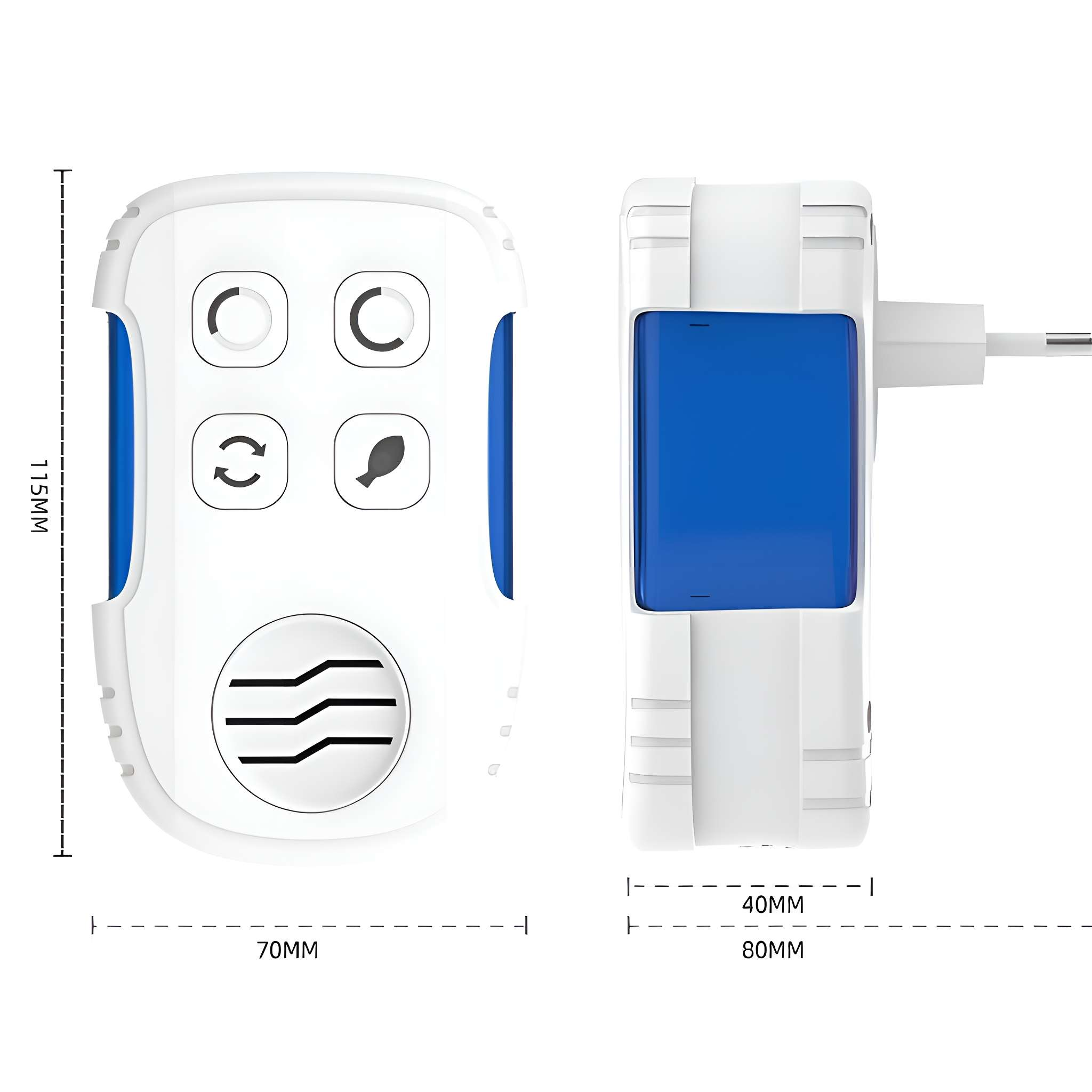 Weißes Gerät mit blauen Akzenten und Symbolen. Ein Plug-in-Gerät mit blauem Bildschirm ist ebenfalls sichtbar. Abmessungen sind angegeben.