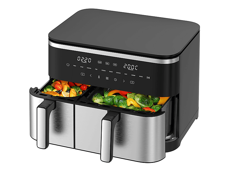 DEWELLING 11L Doppelkammer Heißluftfritteuse AF002 (4L+7L) Hot Air Fryer 2600 Watt Schwarz