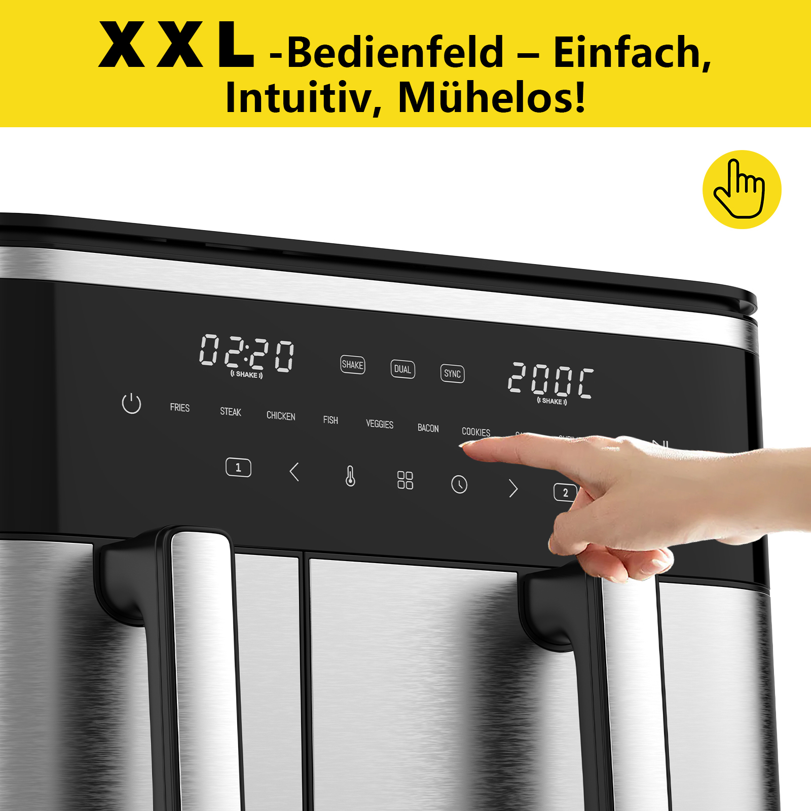 Eine Heißluftfritteuse mit schwarzem Bedienfeld. Eine Hand berührt die 'Cookies'-Taste. Das Display zeigt Zeit und Temperatur.