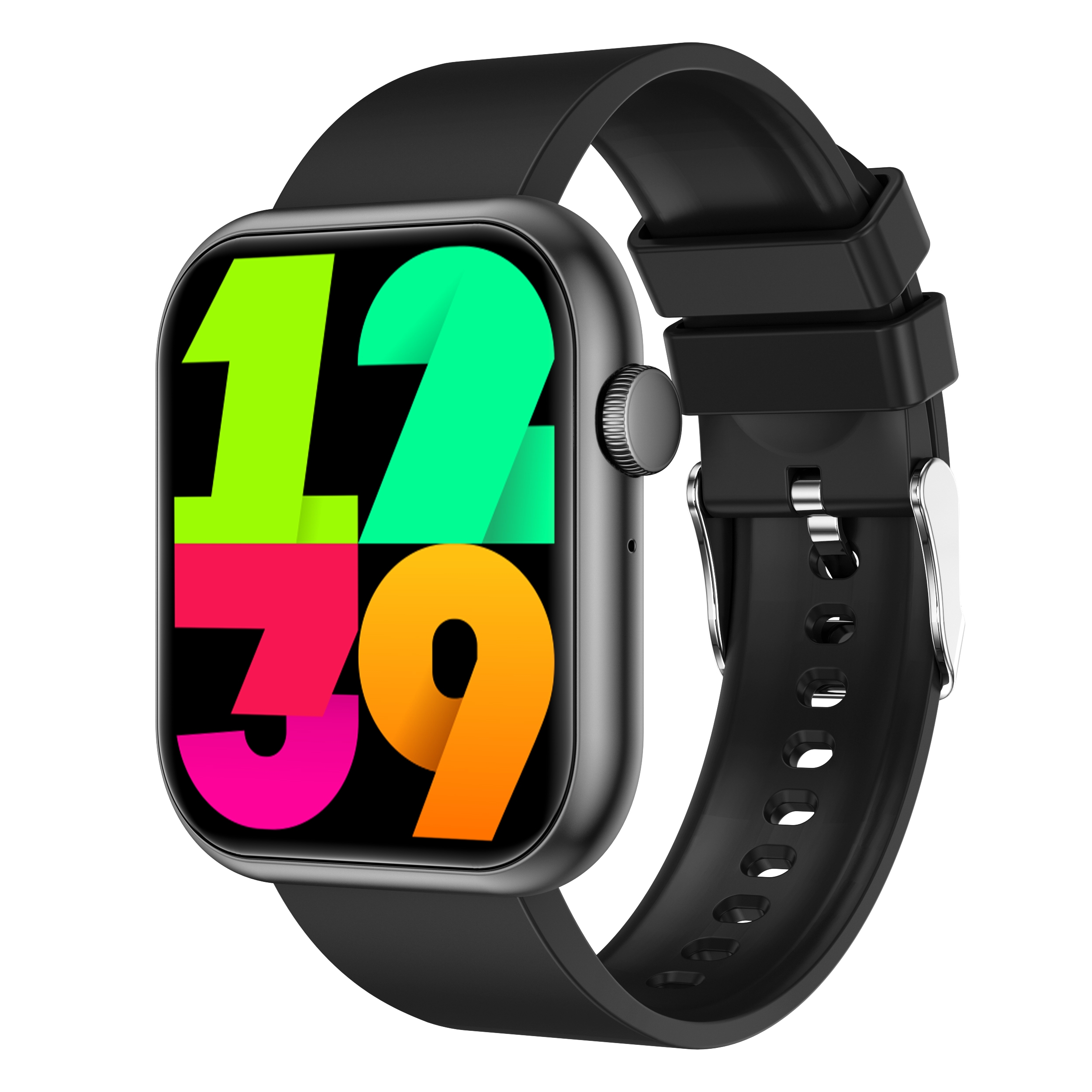 Eine schwarze Smartwatch zeigt die Uhrzeit 12:39 in Grün, Orange und Pink an. Das Armband ist schwarz mit silberner Schließe.