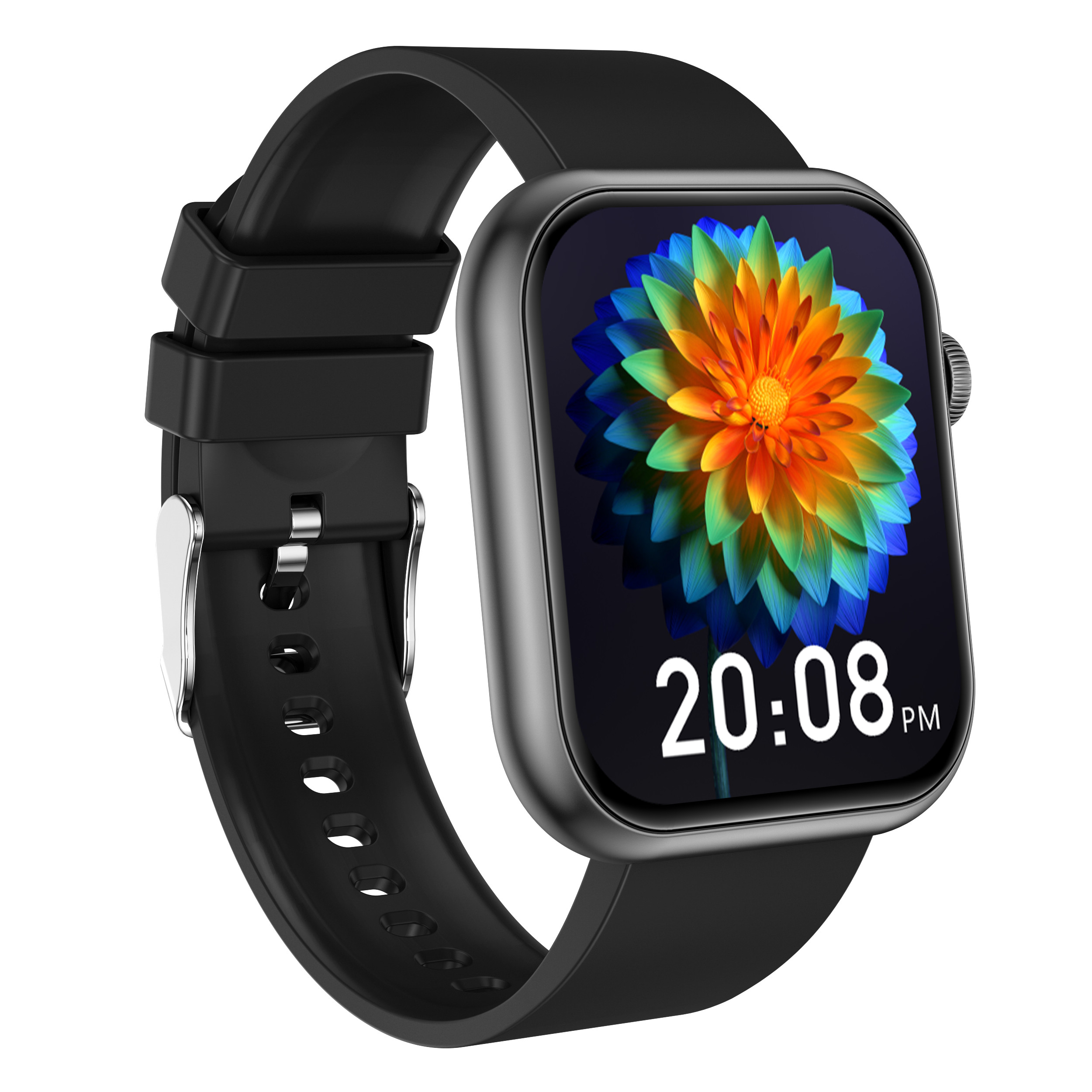 Czarny smartwatch z kwiatowym wyświetlaczem pokazującym 20:08 PM. Posiada czarny pasek i srebrne zapięcie.