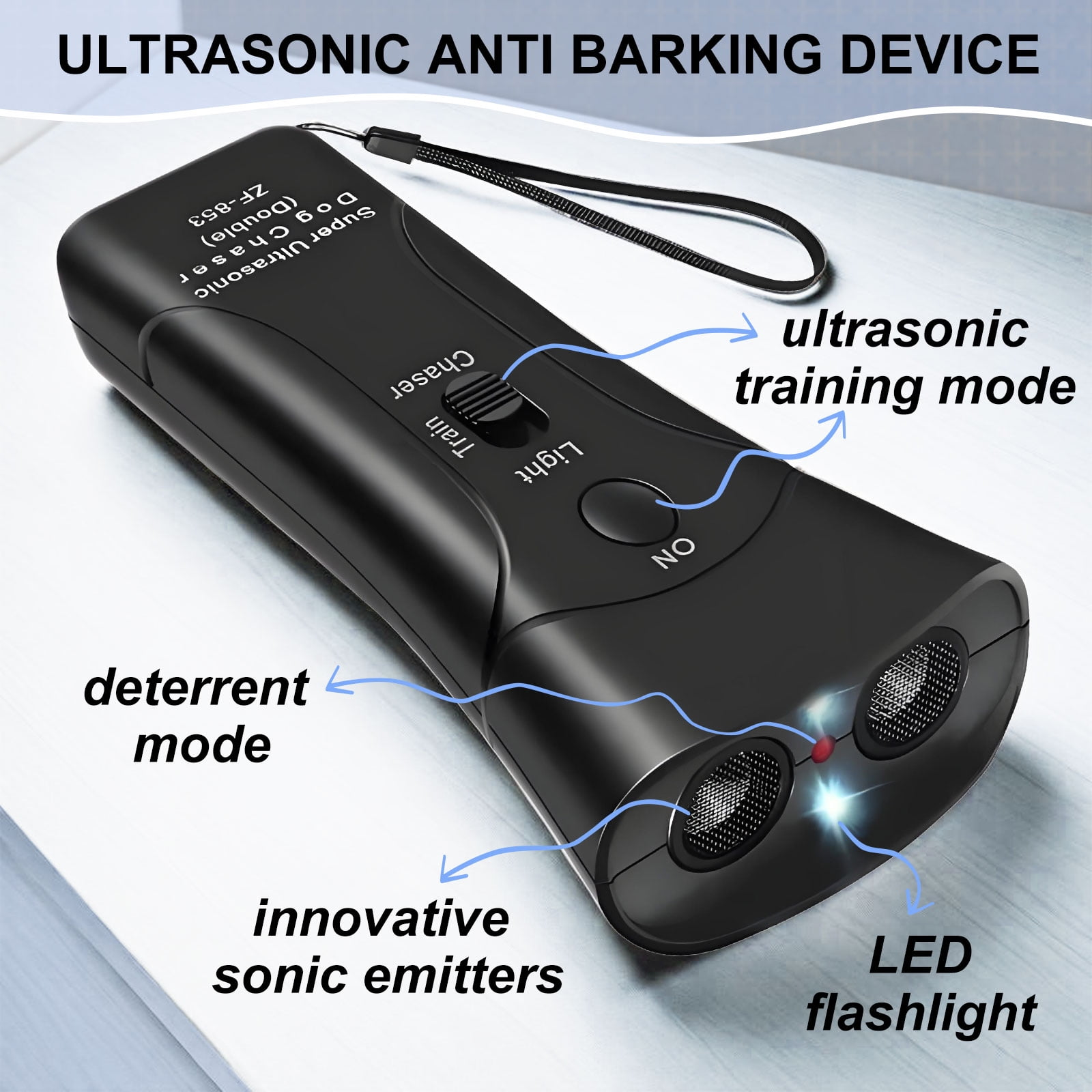 Schwarzes Ultraschall-Anti-Bell-Gerät mit Knöpfen und Etiketten. Zu den Funktionen gehören Trainingsmodus, Abschreckungsmodus und LED-Taschenlampe.
