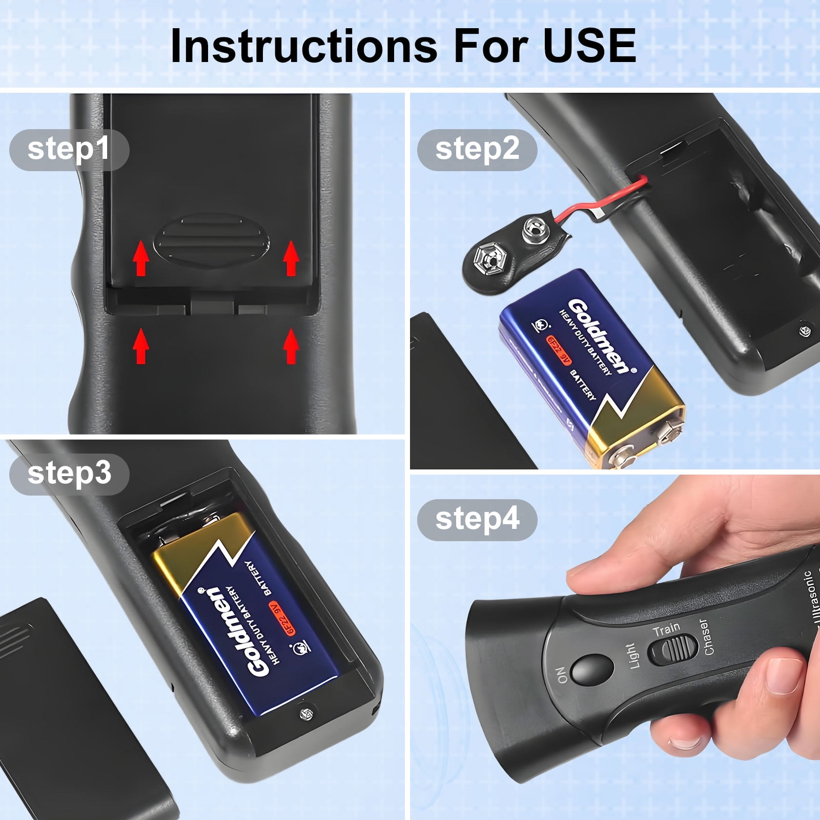 Gebrauchsanweisung. Schritte 1-4 zeigen das Öffnen des Geräts, Einlegen einer 9V-Batterie und die Bedienung mit Knöpfen.