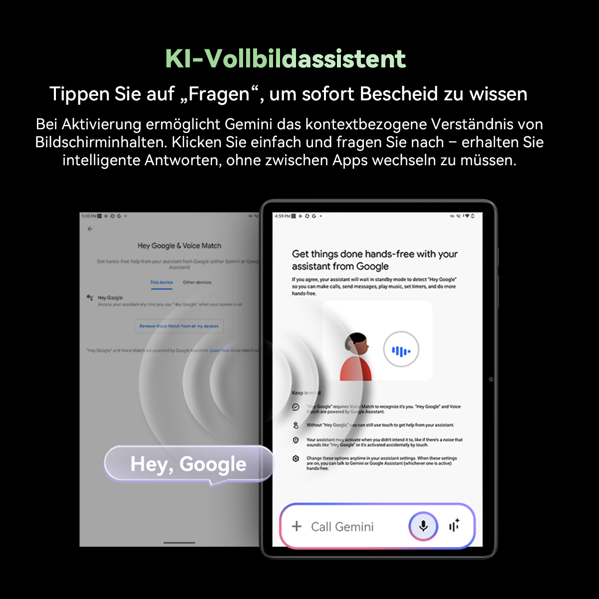 Ein Telefon zeigt Anweisungen zur Verwendung des Google Assistant. Es hat eine 'Hey Google'-Taste.