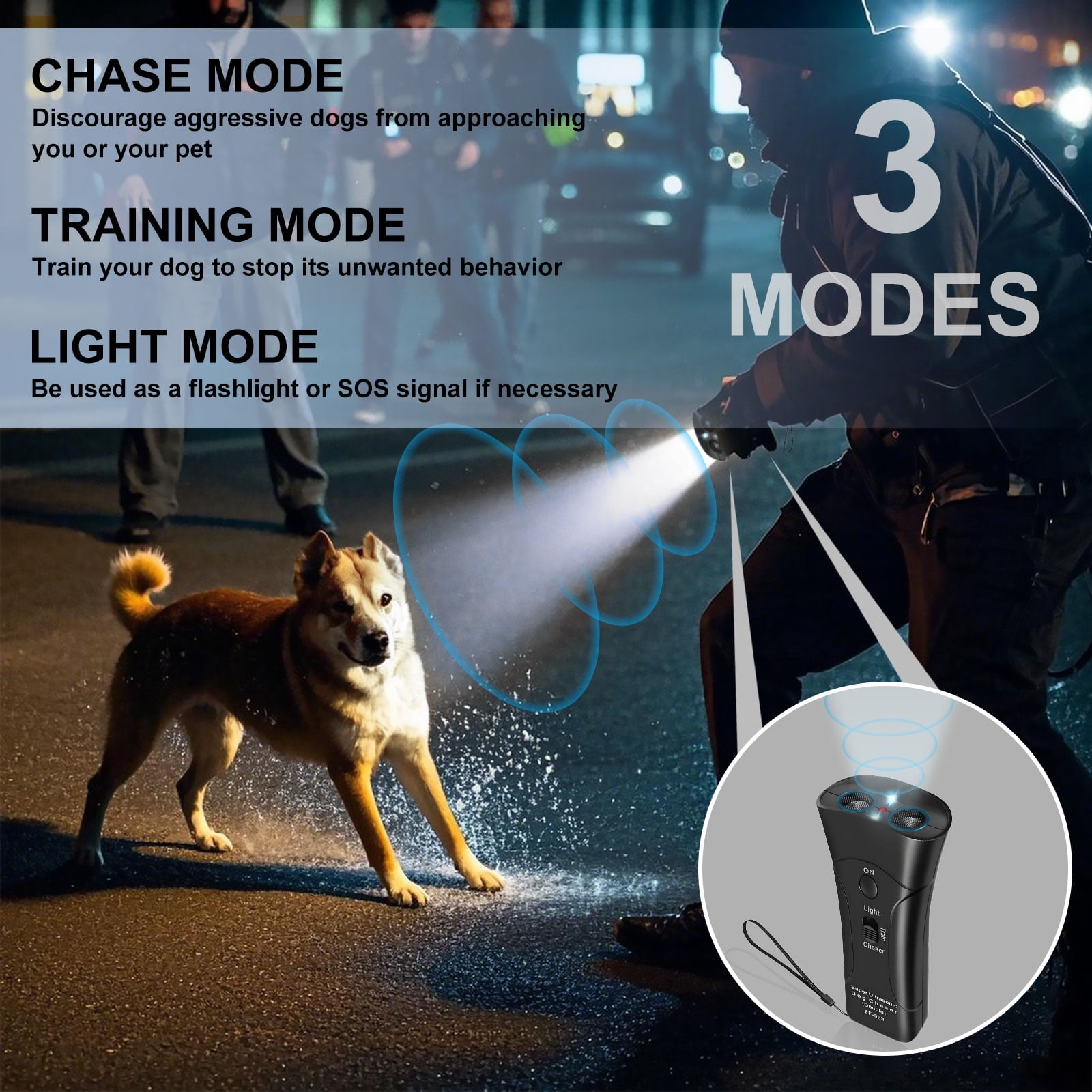 Ein Hund und ein Mann mit einem Gerät. Text erwähnt Modi: Jagen, Trainieren, Licht. Gerät hat 'ON', 'Light' und 'Chaser' Knöpfe.