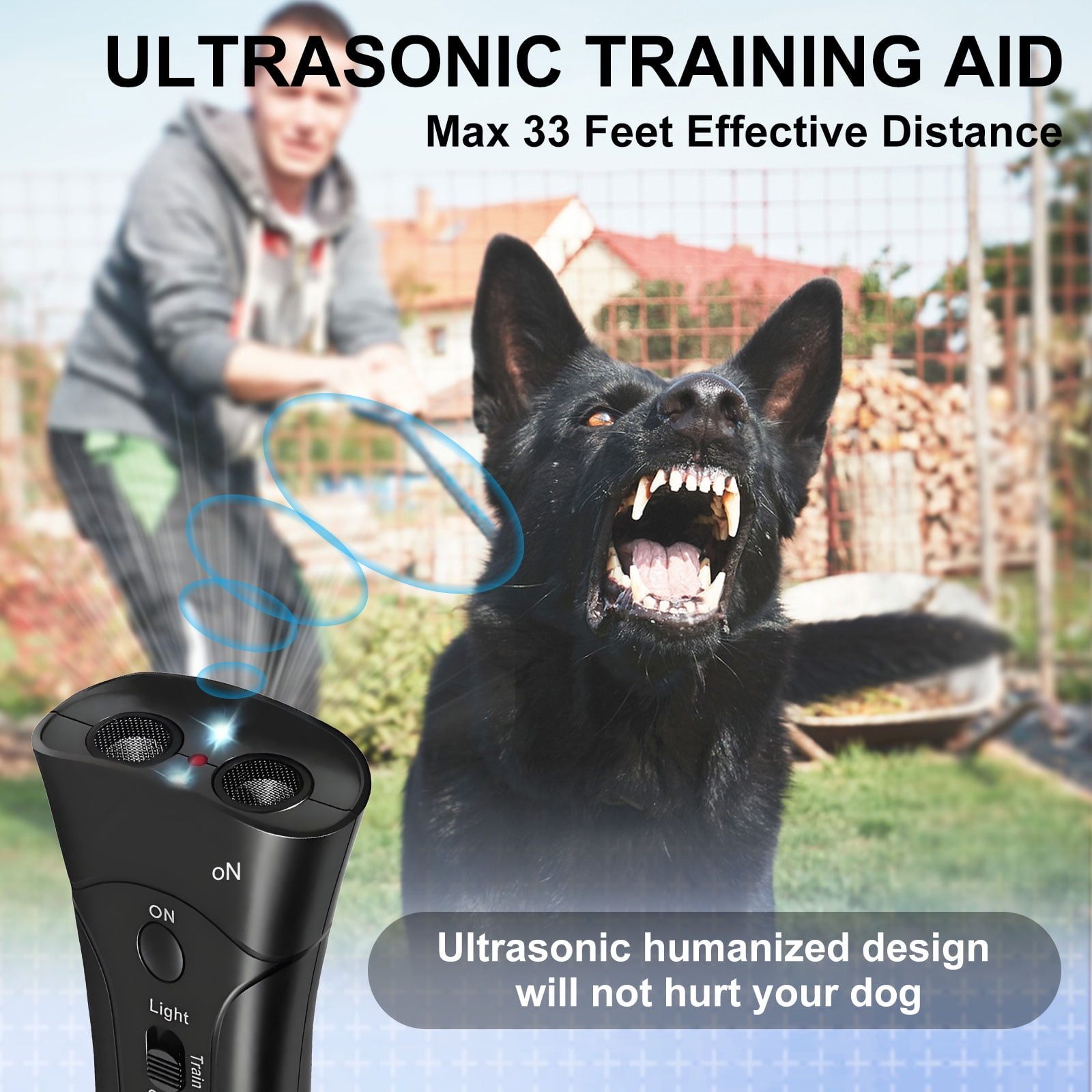 Ein schwarzer Hund mit Zähnen, ein Trainingsgerät und ein Mann im Hintergrund. Der Text lautet 'Ultraschall-Trainingshilfe'.