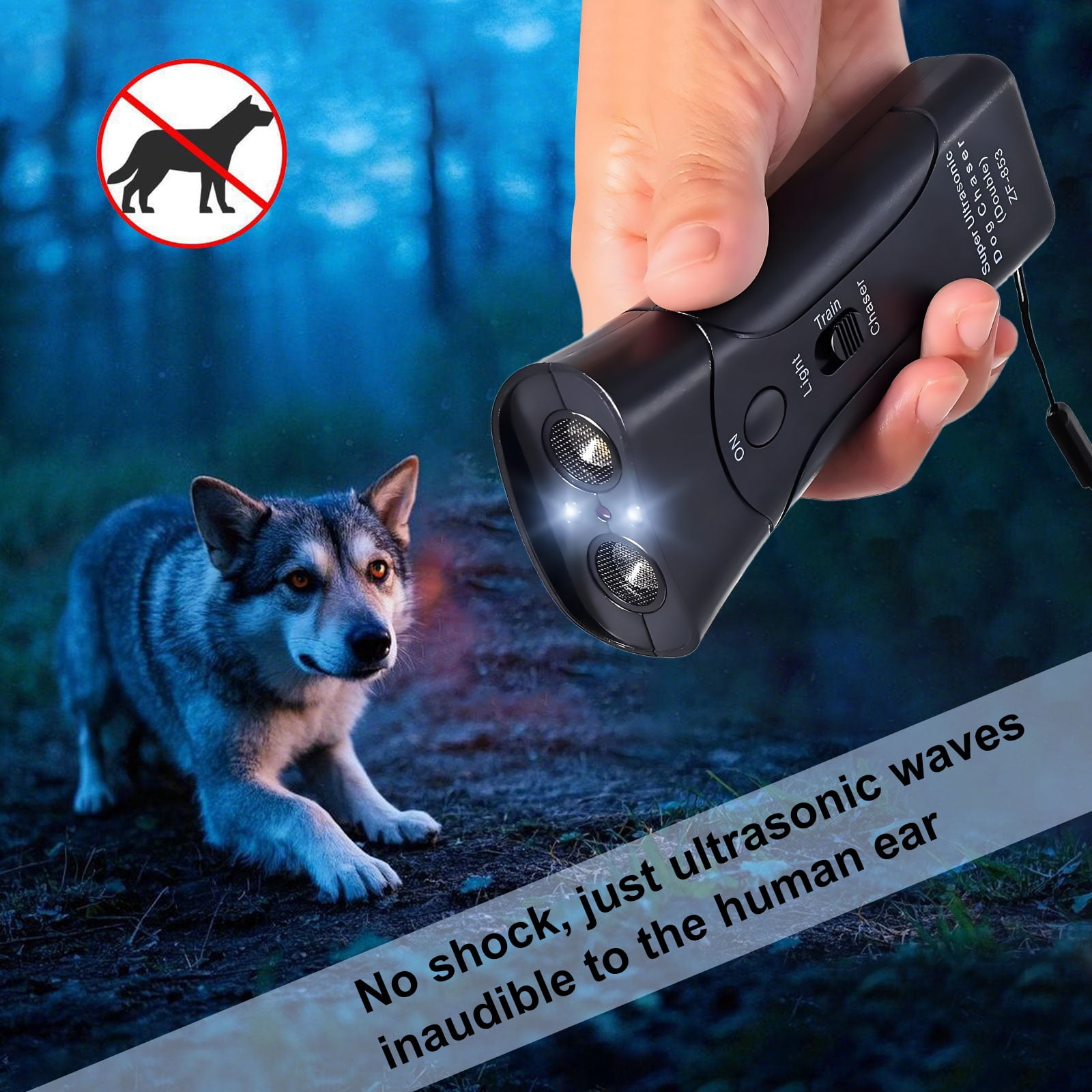 Ein schwarzes Hundetrainingsgerät wird auf einen Wolf gerichtet gehalten. Im Hintergrund befindet sich ein Hunde-Verbotsschild. Text: 'Kein Schock, nur Ultraschallwellen'.