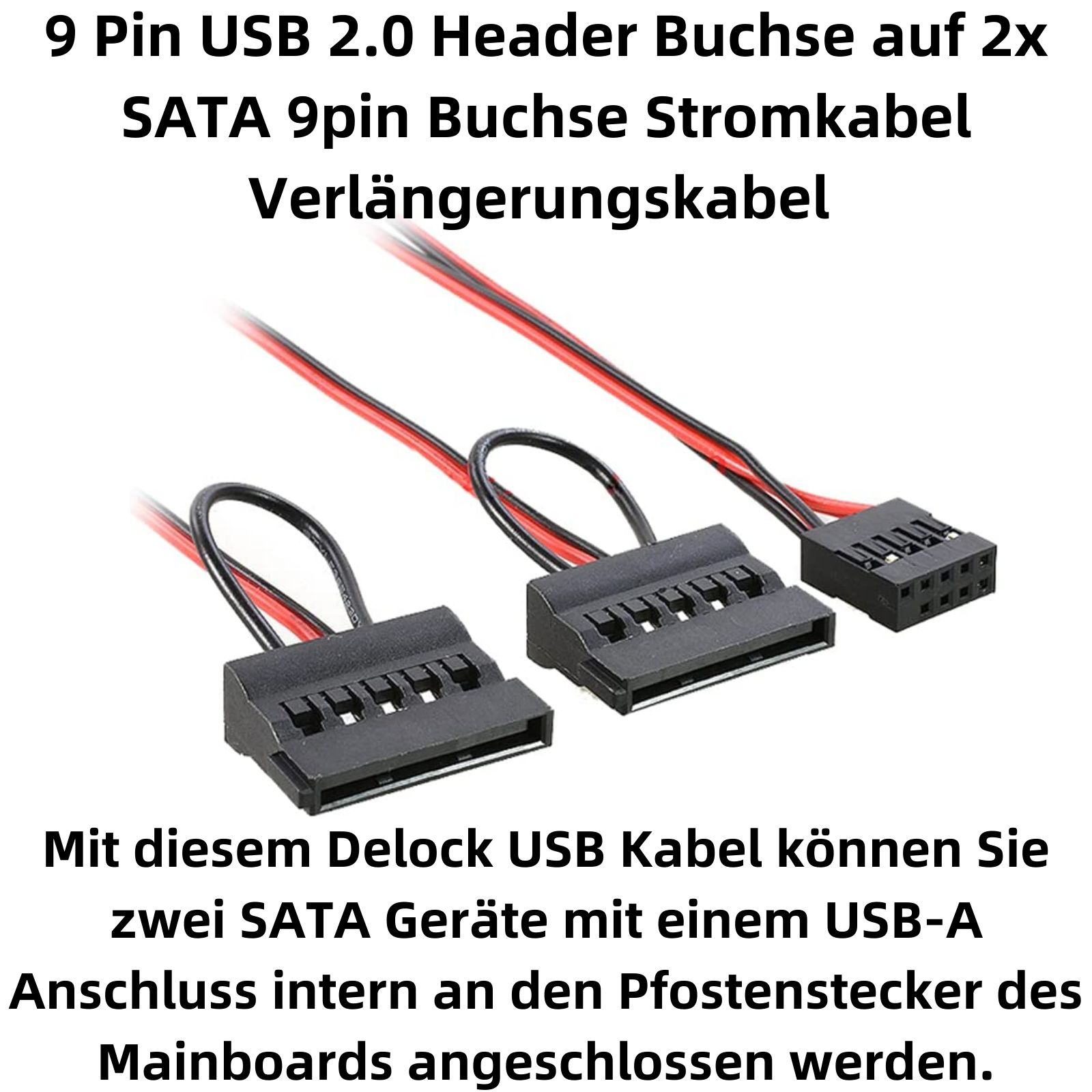 USB 2.0-Header-zu-SATA-Stromkabel. Schwarze Stecker, rote und schwarze Drähte. Text auf Deutsch. Weißer Hintergrund.