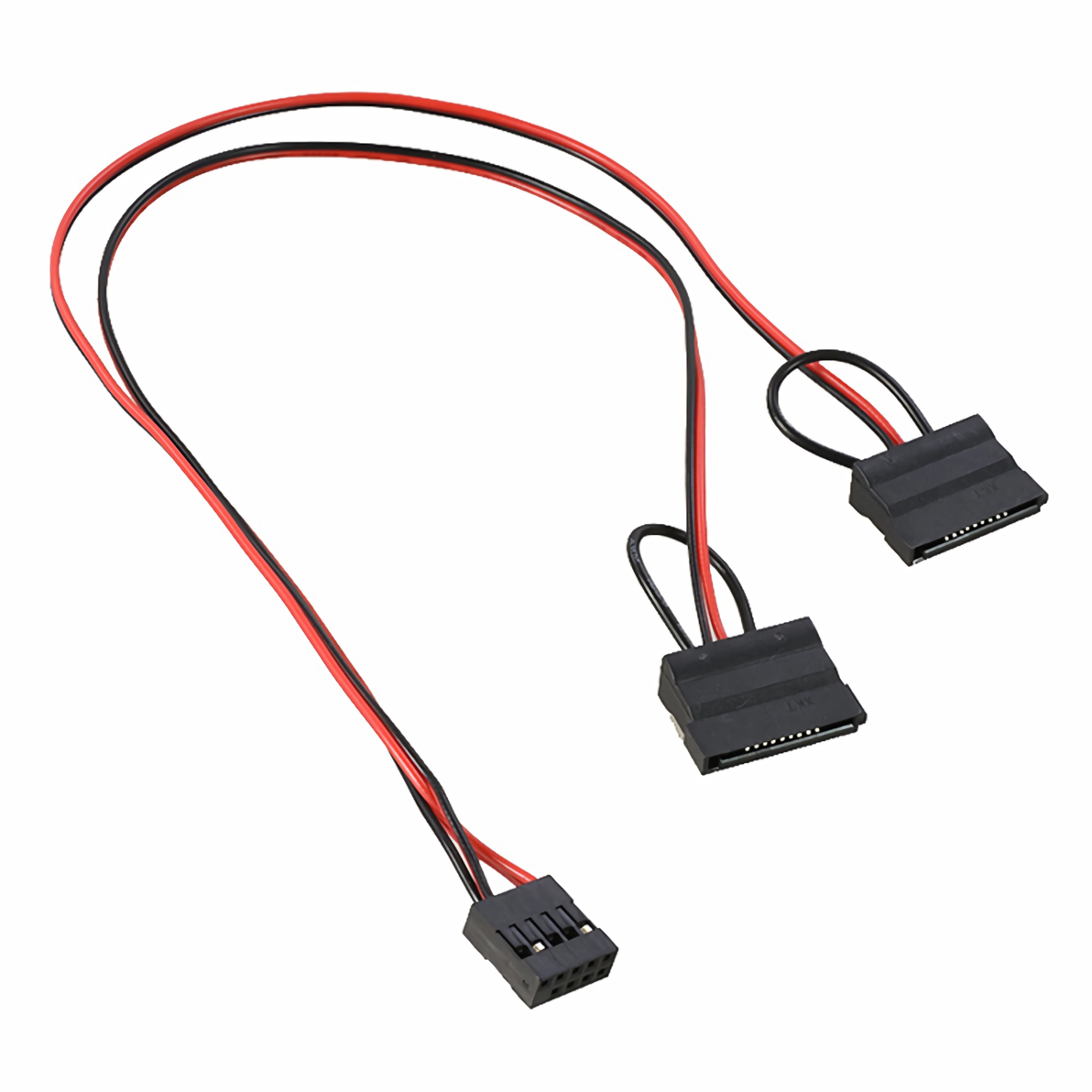 Ein abgewinkeltes SATA-Stromkabel. Es hat einen schwarzen Stecker mit Stiften, rote und schwarze Drähte und drei SATA-Anschlüsse.