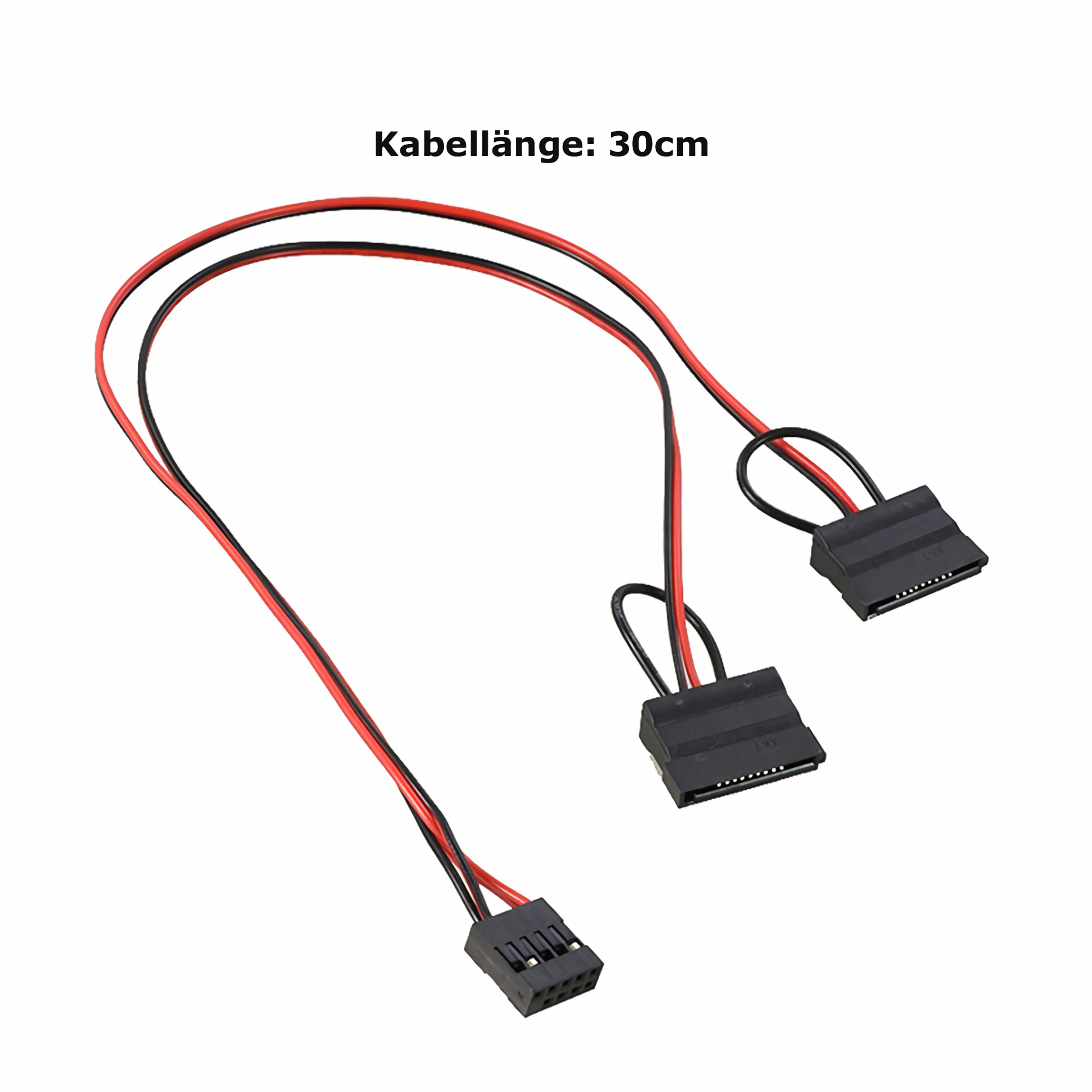 Ein Kabel mit roten und schwarzen Drähten und mehreren schwarzen Steckern. Der Text oben lautet: Kabellänge: 30cm.