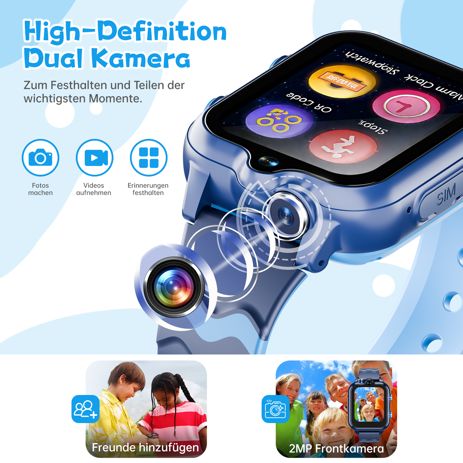 Blaue Smartwatch mit zwei Kameras. Zu den Funktionen gehören Fotos, Videos und Erinnerungen. Enthält eine Frontkamera. Kinder sind in den Bildern zu sehen.
