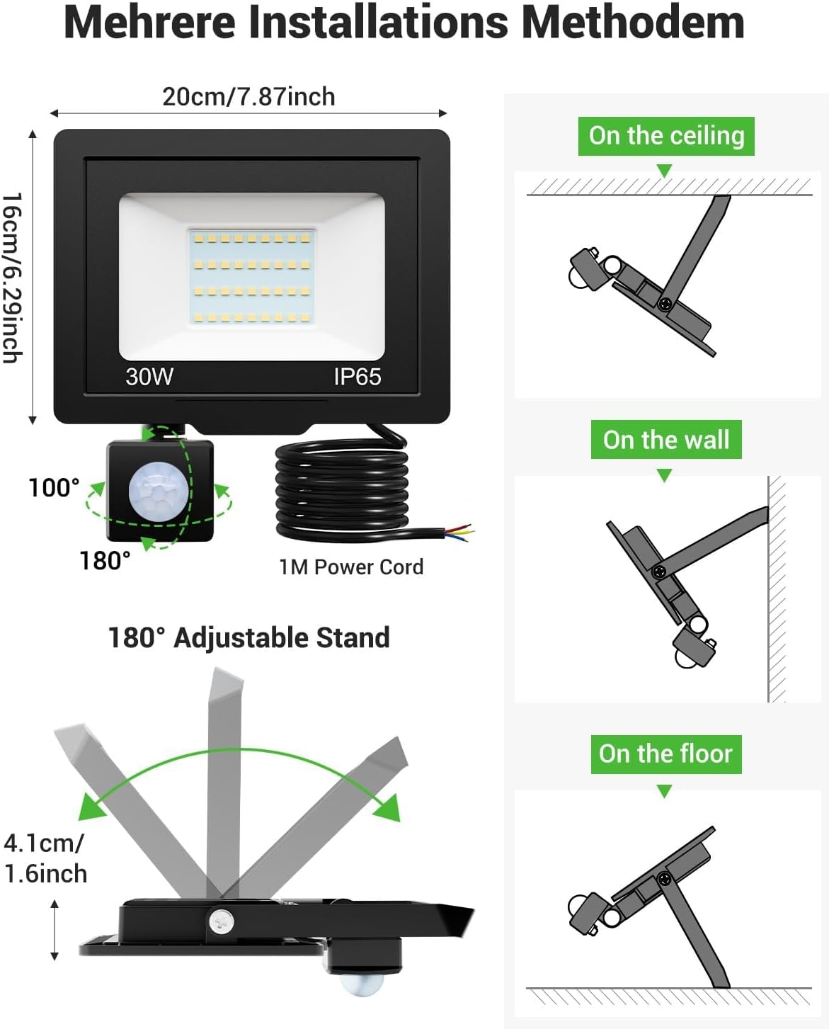 Ein schwarzer LED-Fluter mit Abmessungen, Leistung und IP65-Schutzart. Zeigt Decken-, Wand- und Bodeninstallationsmethoden.