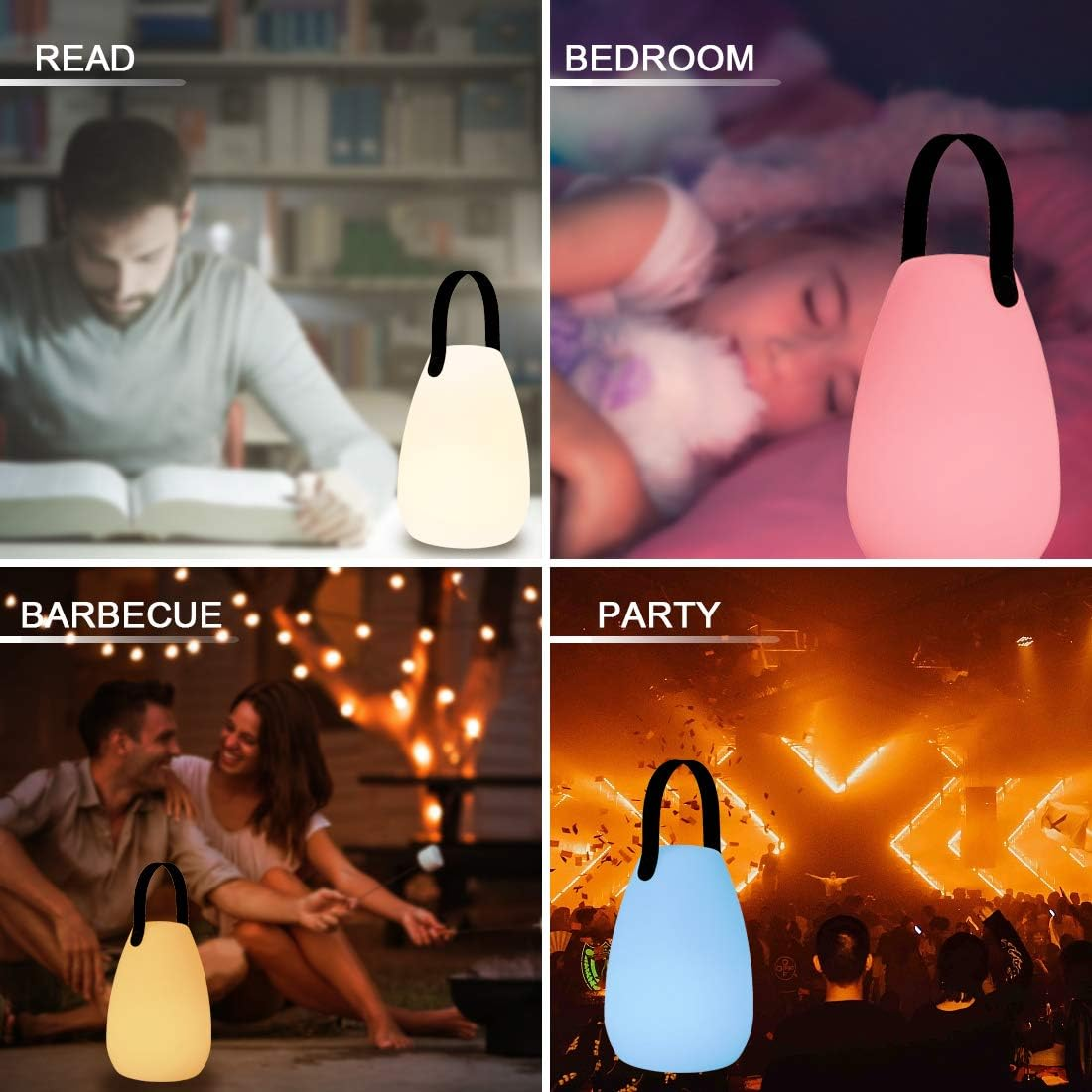 Vier Szenen: Lesen mit Lampe, Schlafzimmer mit schlafendem Kind, Grillen mit Paar und Party mit Menschenmenge und Lampe.