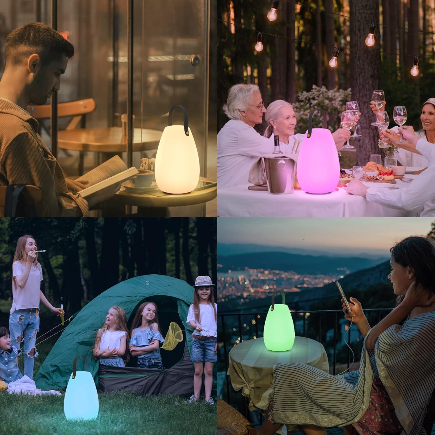 Vier Szenen: Ein Mann liest in der Nähe einer beleuchteten Lampe, Menschen stoßen an einem Tisch mit einer Lampe an, Kinder spielen in der Nähe eines Zeltes, eine Frau benutzt ein Telefon mit einer Lampe.