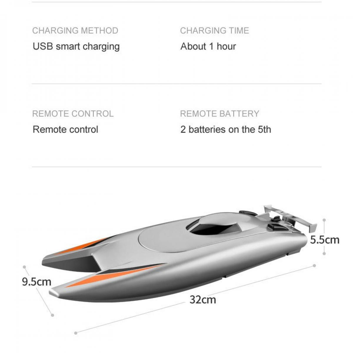 Ein silbernes Boot mit orangefarbenen Akzenten wird mit Abmessungen gezeigt. Informationen umfassen Laden, Fernbedienung und Batteriedetails.