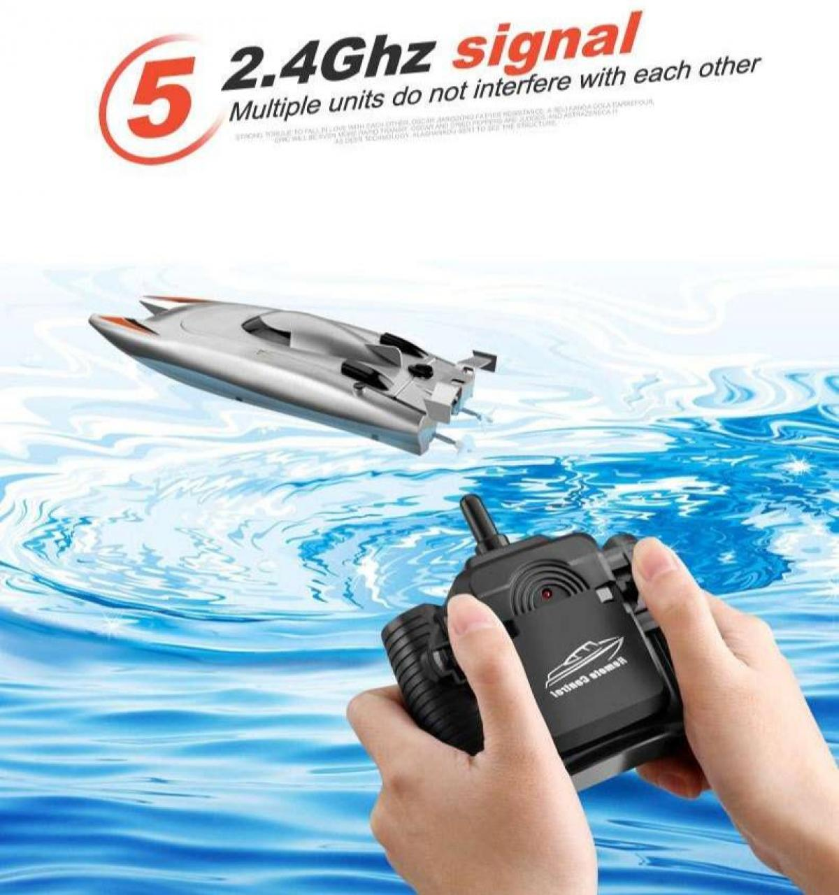 Eine Person hält eine Fernbedienung für ein Spielzeugboot. Ein silbernes Spielzeugboot befindet sich über blauem Wasser. Text: '2,4-GHz-Signal'.