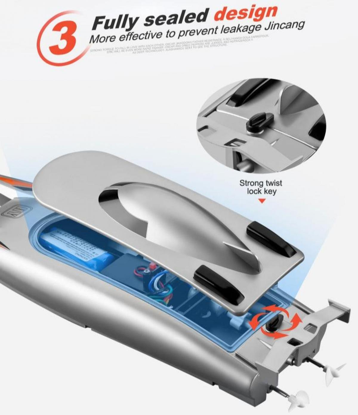Ein teilweise zerlegtes Modellboot zeigt interne Komponenten, einschließlich Batterie und Drehverschluss, betont ein dichtes Design.