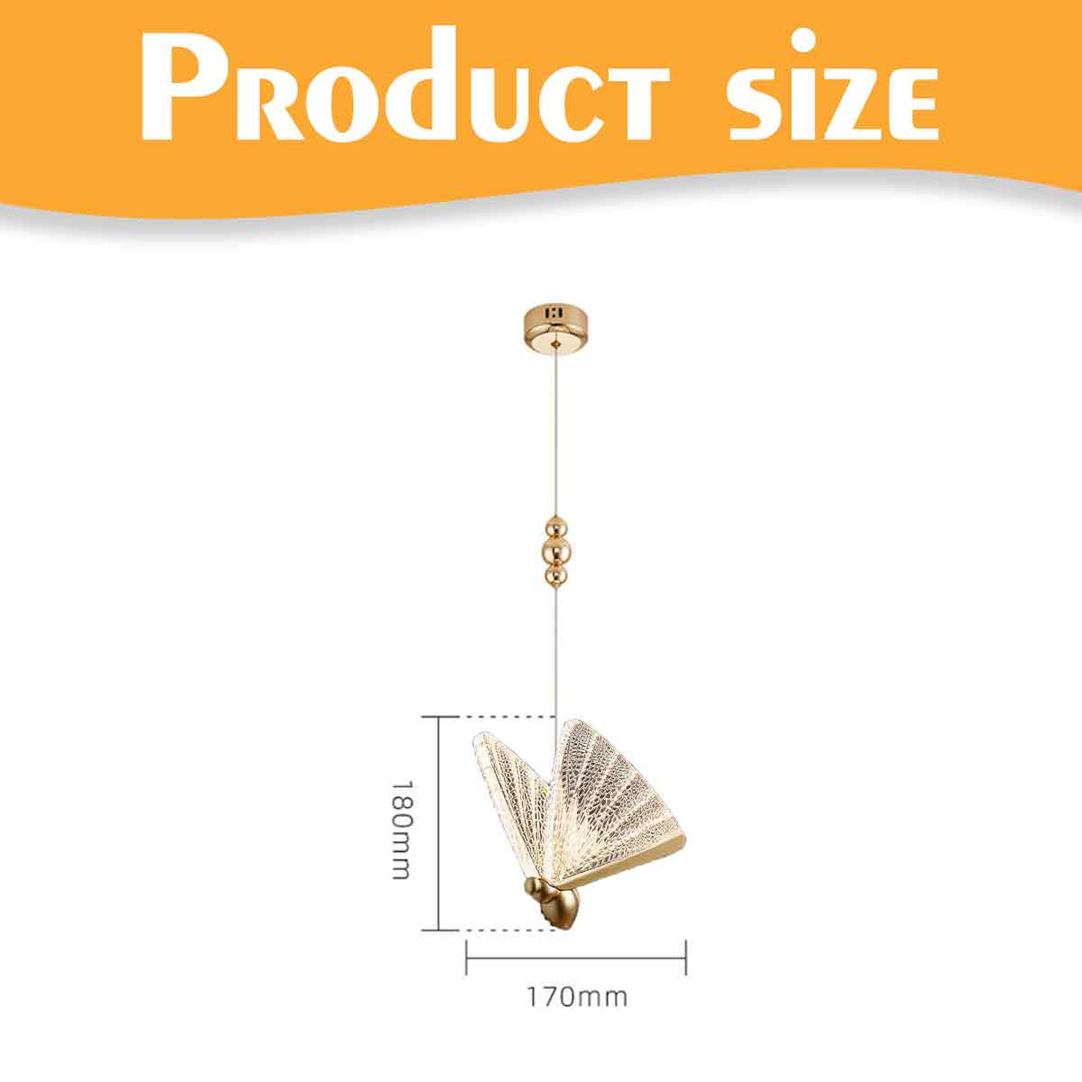 Eine goldene, schmetterlingsförmige Lampe hängt. Sie ist 180 mm hoch und 170 mm breit. Der Text 'Produktgröße' steht oben in Orange.