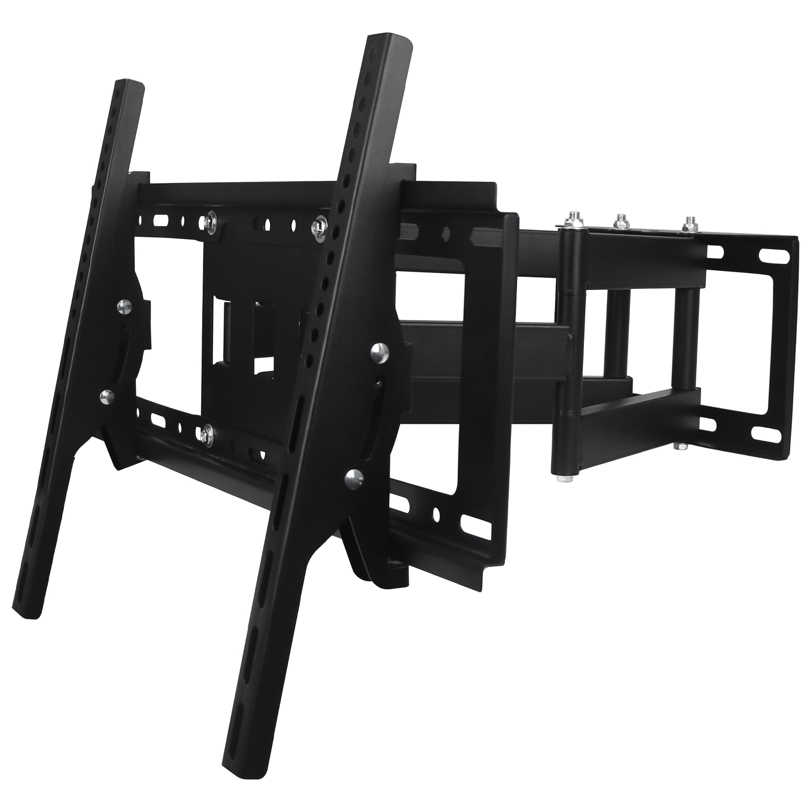 Eine schwarze, bewegliche TV-Wandhalterung. Sie hat mehrere Halterungen und verstellbare Arme, um einen Fernseher zu halten.