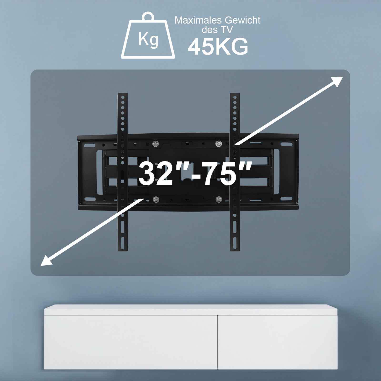 Eine schwarze TV-Halterung mit der Aufschrift '32"-75", Gewichtsangaben, an einer blauen Wand über einem weißen Schrank montiert.
