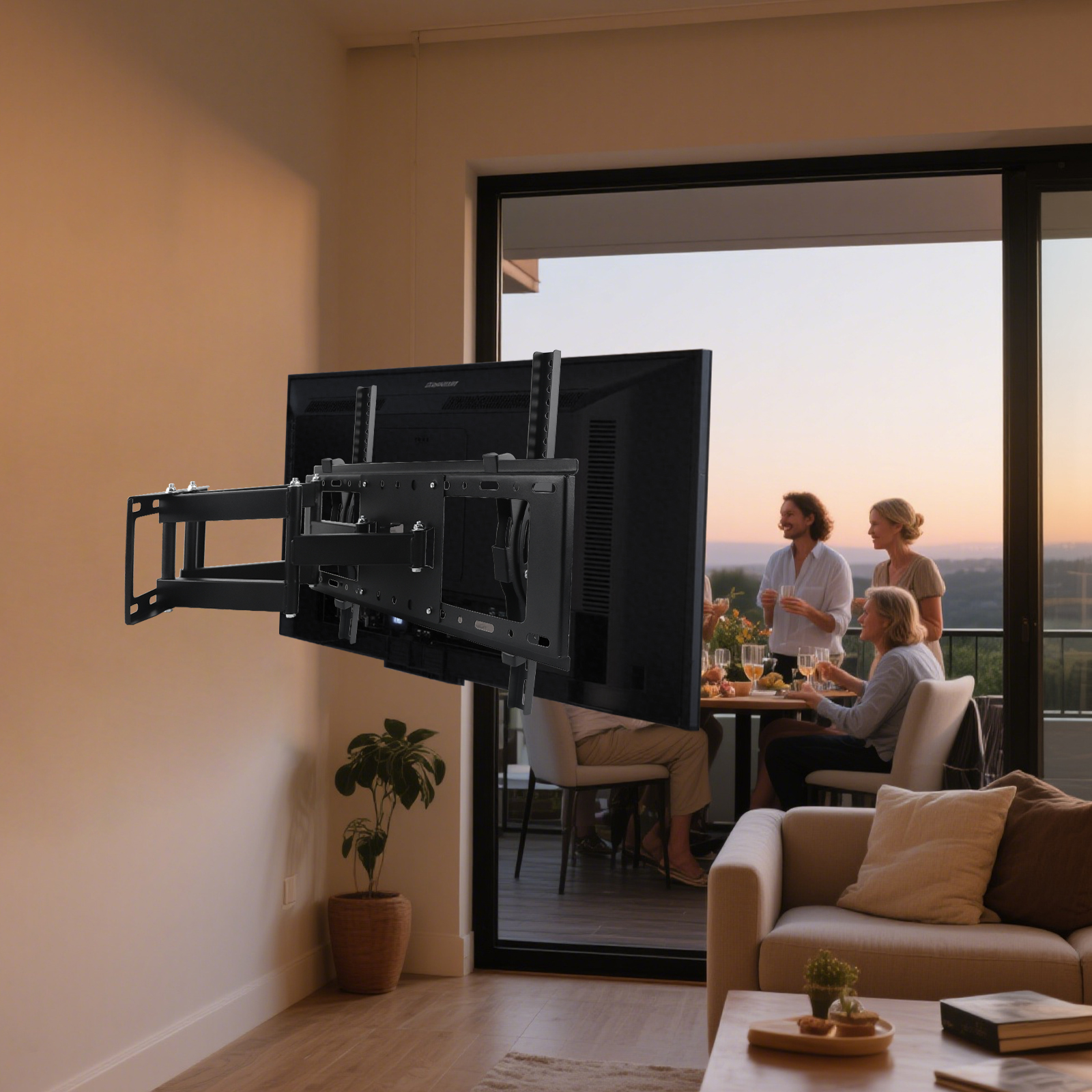 Ein an der Wand montierter Fernseher mit schwarzer Halterung. Menschen speisen auf einem Balkon. Sofa und Pflanze im Vordergrund.