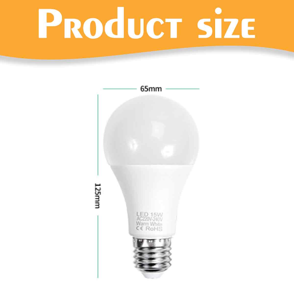 Eine weiße LED-Glühbirne mit Größenangaben. Die Glühbirne ist 65 mm breit und 125 mm hoch. Der Text "Produktgröße" steht oben.
