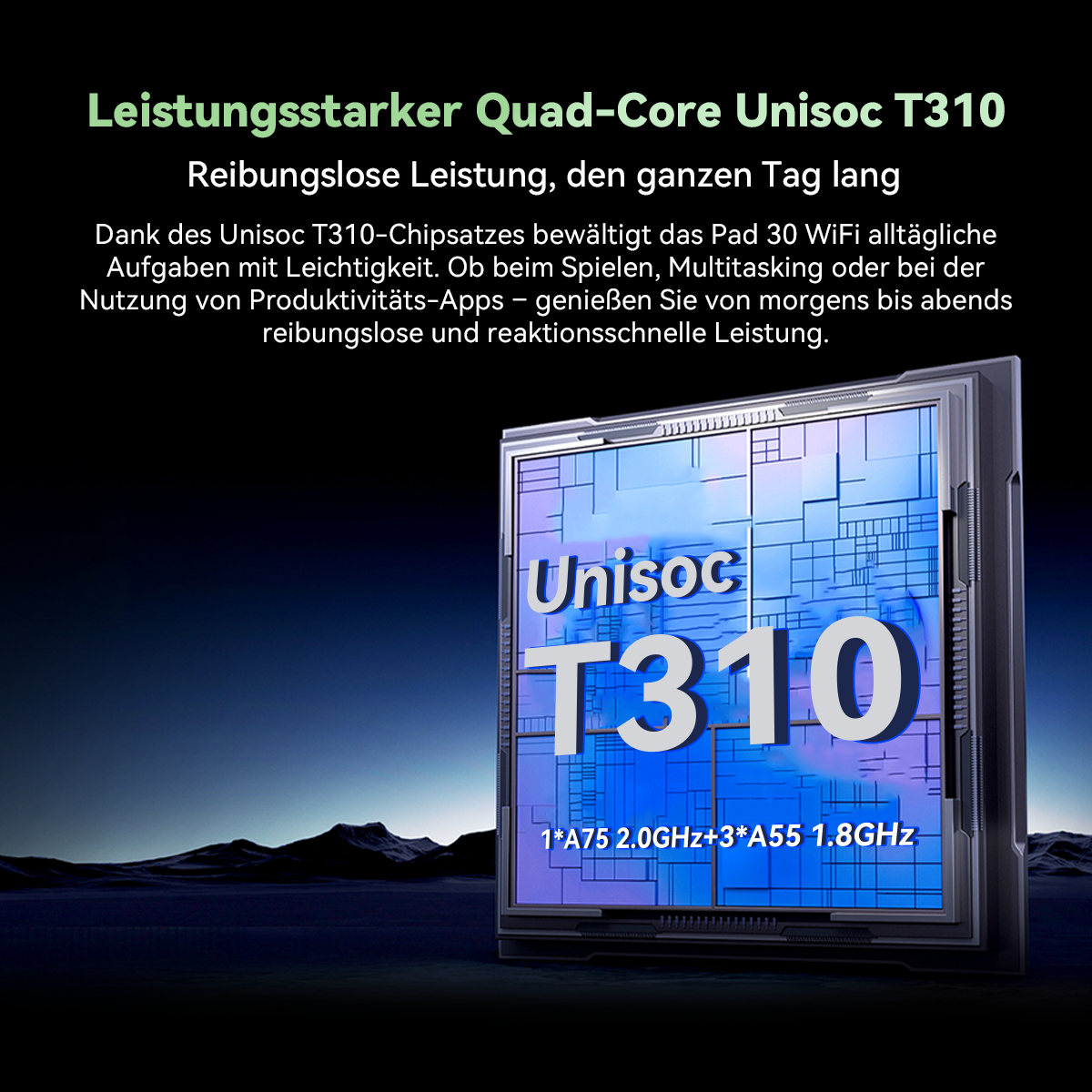 Das Bild zeigt einen Unisoc T310 Prozessor. Er hat den Text "Unisoc T310" in großen blauen Buchstaben. Der Hintergrund ist dunkel.